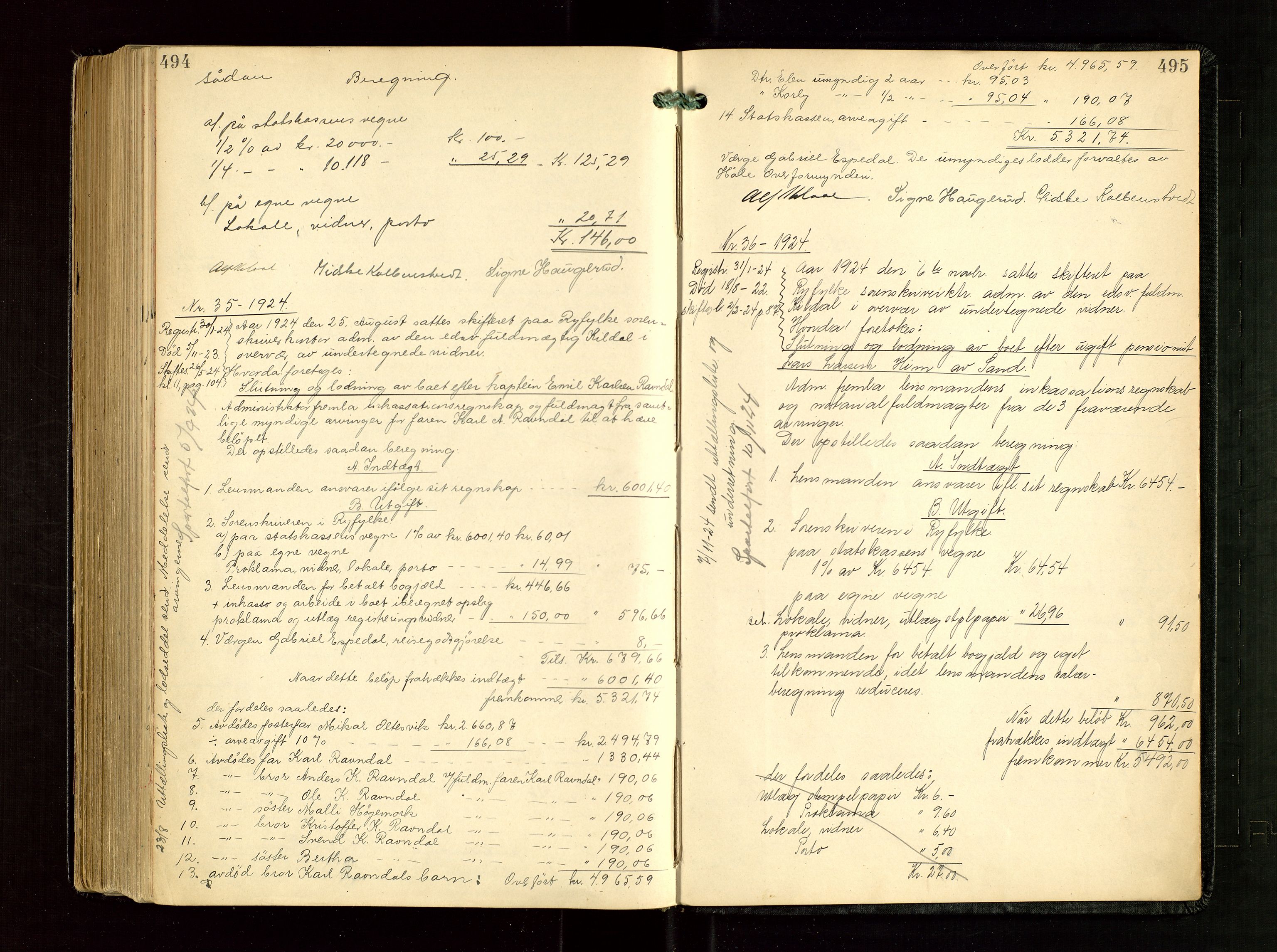 Ryfylke tingrett, AV/SAST-A-100055/001/IV/IVG/L0005: Skifteudlodningsprotokoll Med register, 1918-1924, s. 494-495