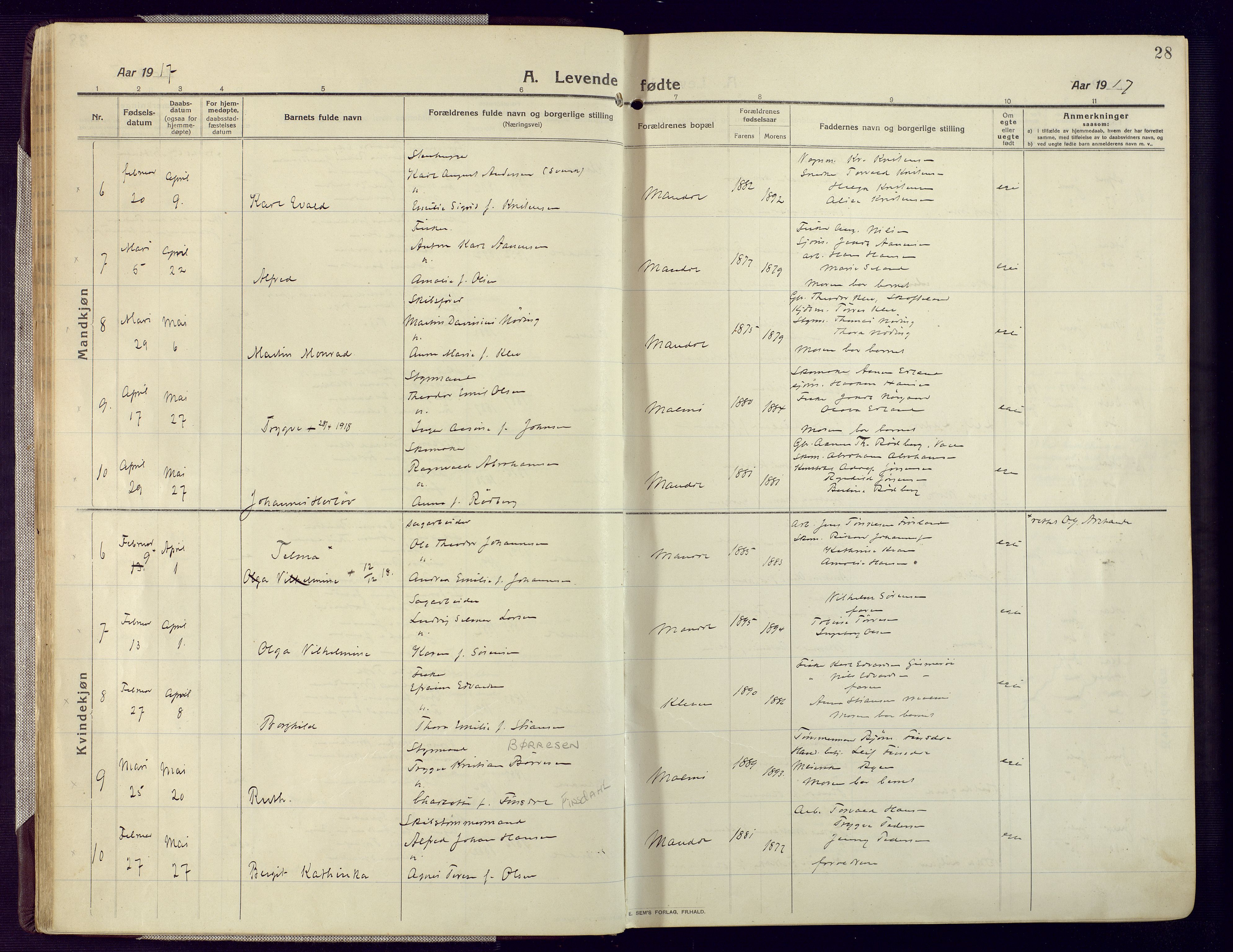 Mandal sokneprestkontor, SAK/1111-0030/F/Fa/Fac/L0001: Ministerialbok nr. A 1, 1913-1925, s. 28
