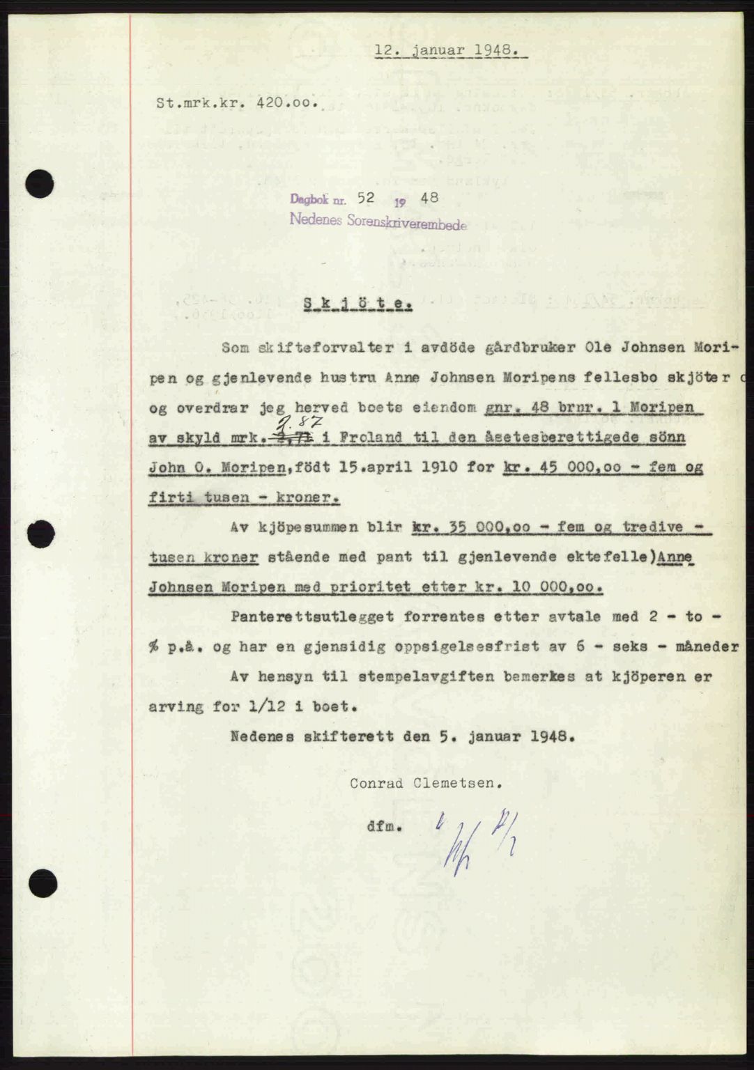 Nedenes sorenskriveri, AV/SAK-1221-0006/G/Gb/Gba/L0058: Pantebok nr. A10, 1947-1948, Dagboknr: 52/1948