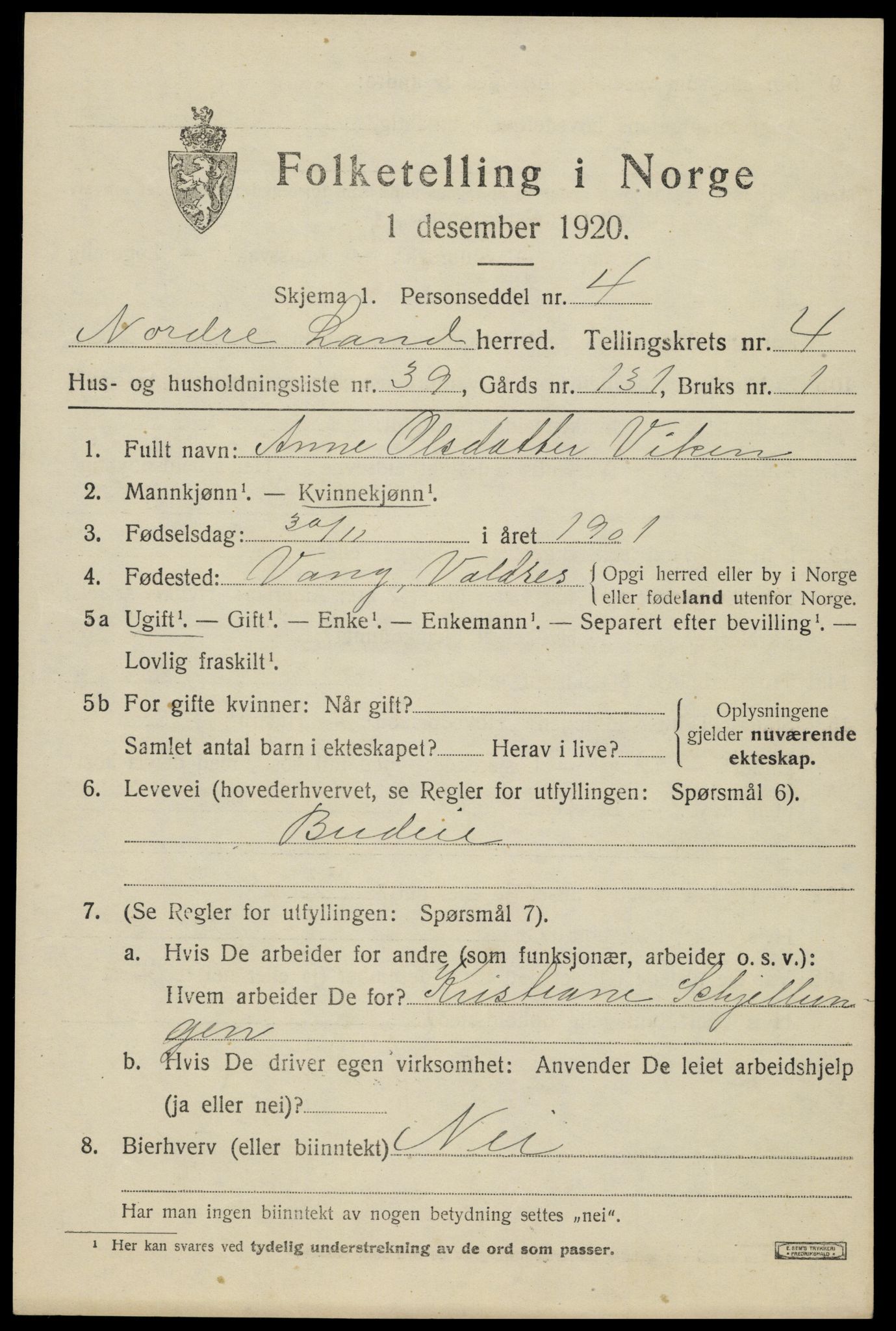 SAH, Folketelling 1920 for 0538 Nordre Land herred, 1920, s. 3696