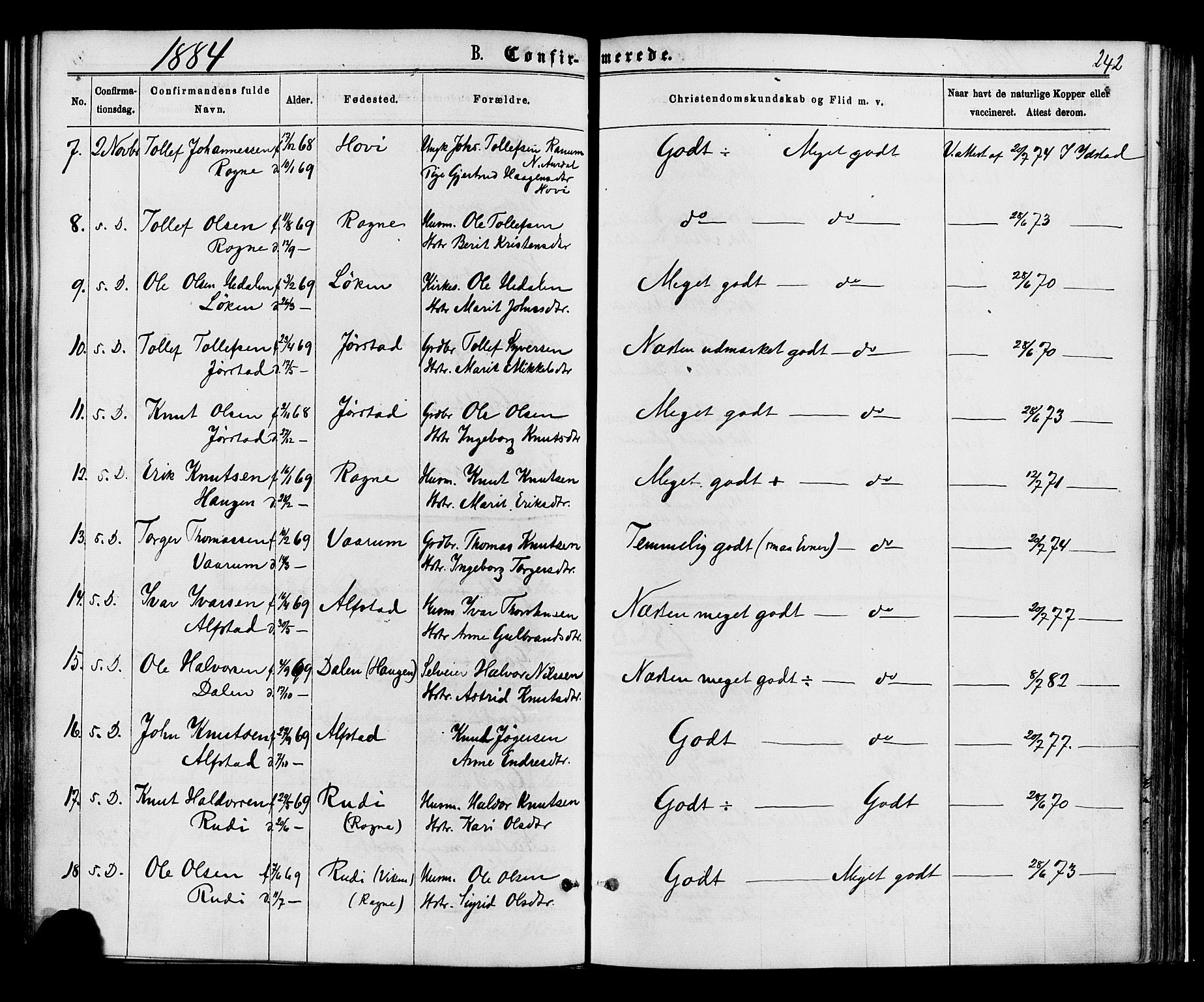 Øystre Slidre prestekontor, AV/SAH-PREST-138/H/Ha/Haa/L0002: Ministerialbok nr. 2, 1874-1886, s. 242