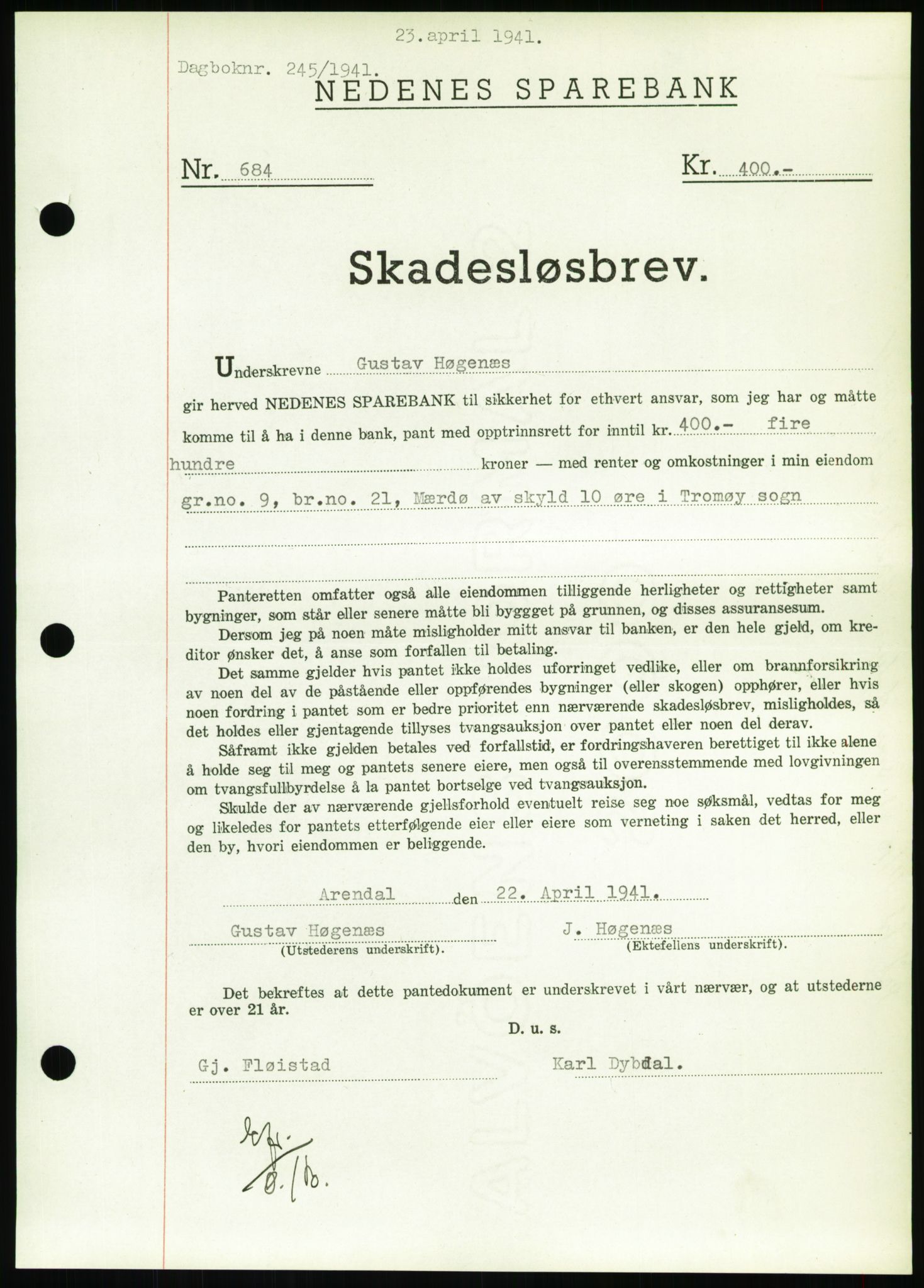 Nedenes sorenskriveri, SAK/1221-0006/G/Gb/Gbb/L0001: Pantebok nr. I, 1939-1942, Dagboknr: 245/1941