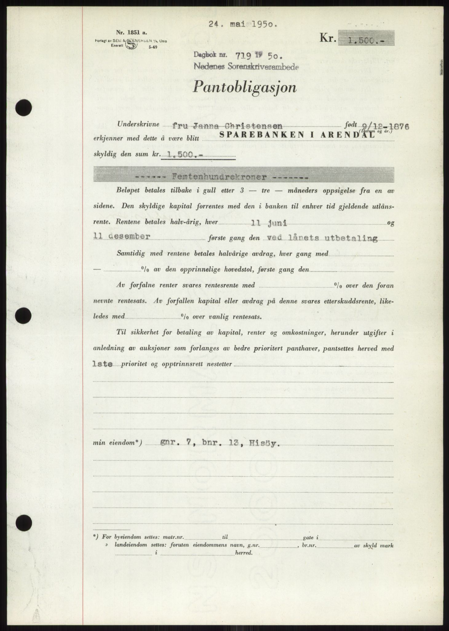 Nedenes sorenskriveri, SAK/1221-0006/G/Gb/Gbb/L0007: Pantebok nr. B7, 1949-1950, Dagboknr: 719/1950
