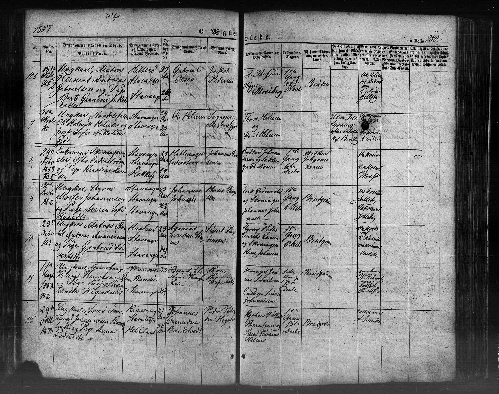 Domkirken sokneprestkontor, AV/SAST-A-101812/001/30/30BB/L0009: Klokkerbok nr. B 9, 1850-1858, s. 280