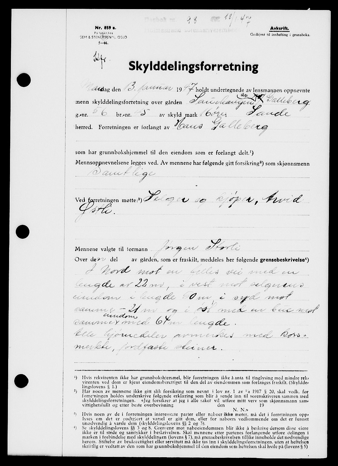 Holmestrand sorenskriveri, SAKO/A-67/G/Ga/Gaa/L0061: Pantebok nr. A-61, 1946-1947, Dagboknr: 98/1947