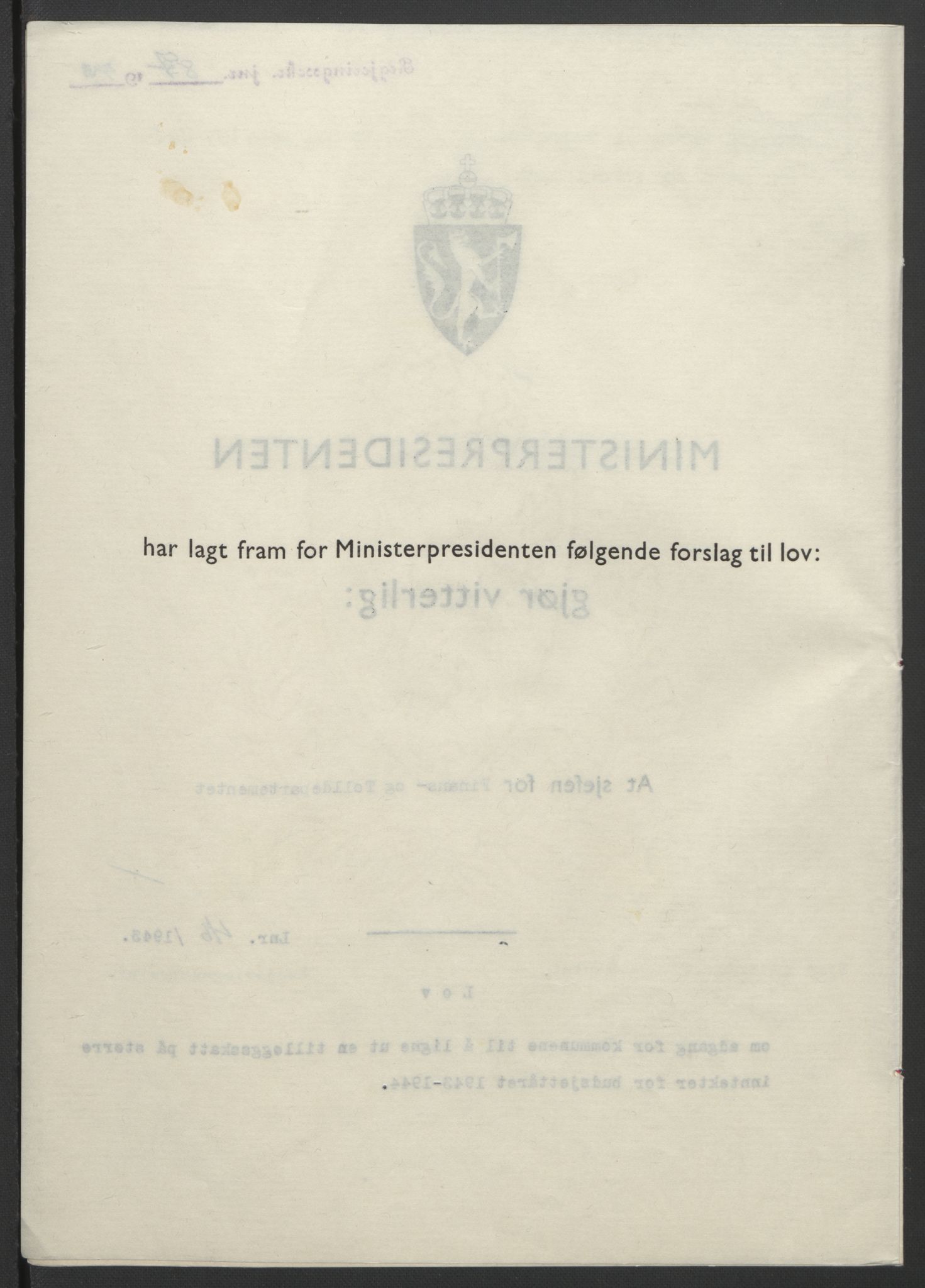 NS-administrasjonen 1940-1945 (Statsrådsekretariatet, de kommisariske statsråder mm), AV/RA-S-4279/D/Db/L0099: Lover, 1943, s. 201