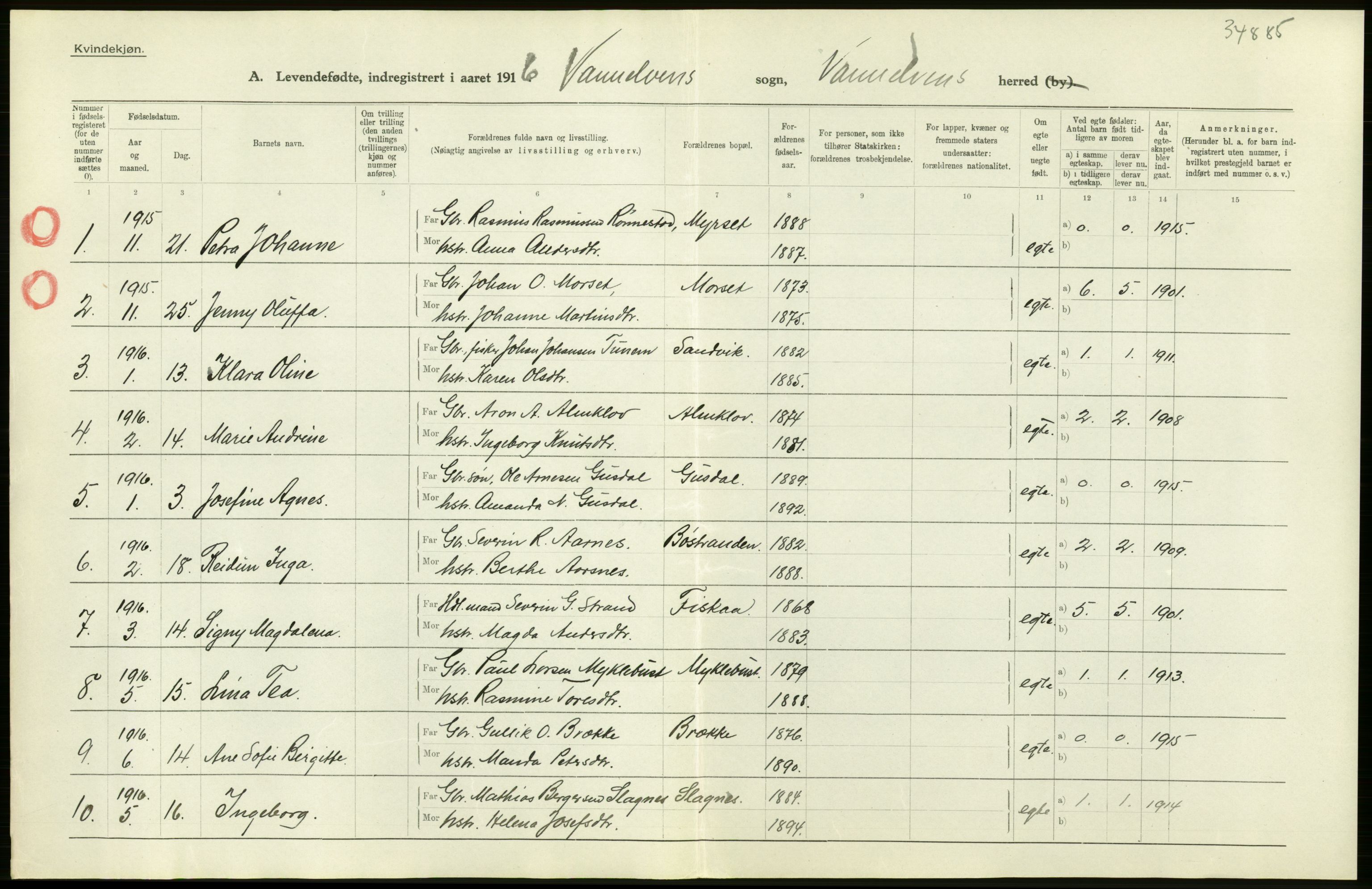 Statistisk sentralbyrå, Sosiodemografiske emner, Befolkning, AV/RA-S-2228/D/Df/Dfb/Dfbf/L0042: Romsdals amt: Levendefødte menn og kvinner. Bygder., 1916, s. 8