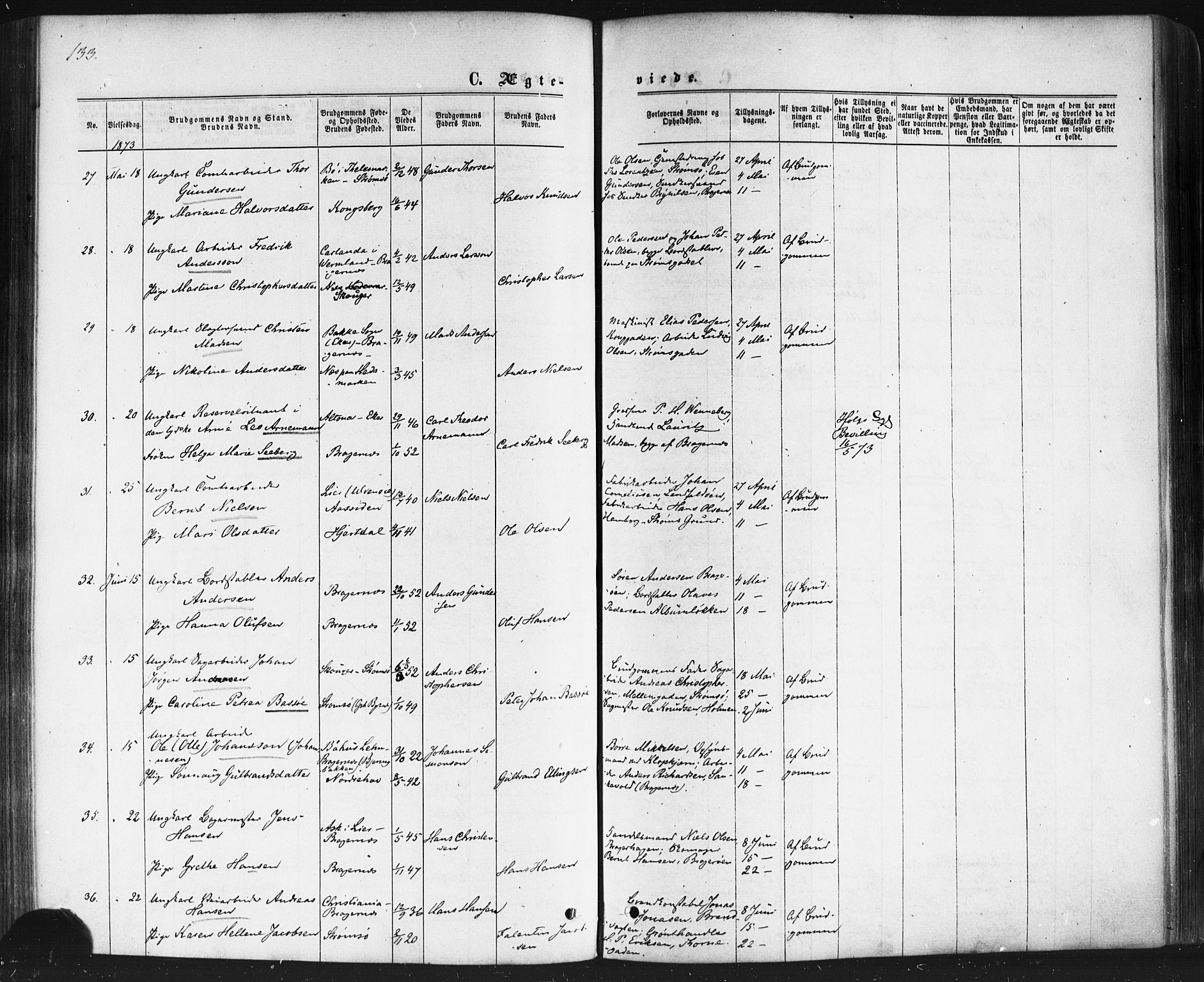 Bragernes kirkebøker, AV/SAKO-A-6/F/Fc/L0003: Ministerialbok nr. III 3, 1865-1874, s. 133
