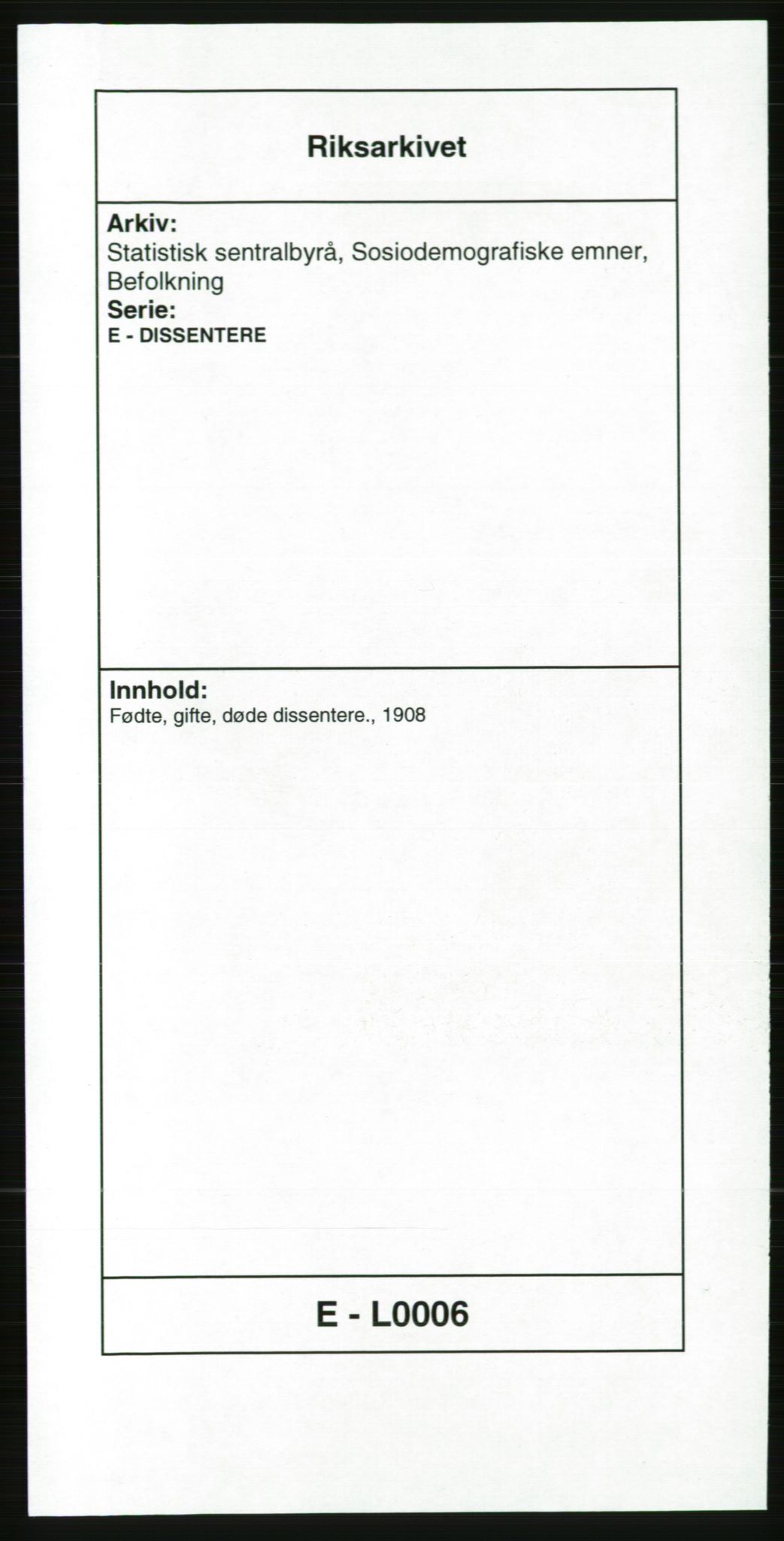 Statistisk sentralbyrå, Sosiodemografiske emner, Befolkning, AV/RA-S-2228/E/L0006: Fødte, gifte, døde dissentere., 1908, s. 1