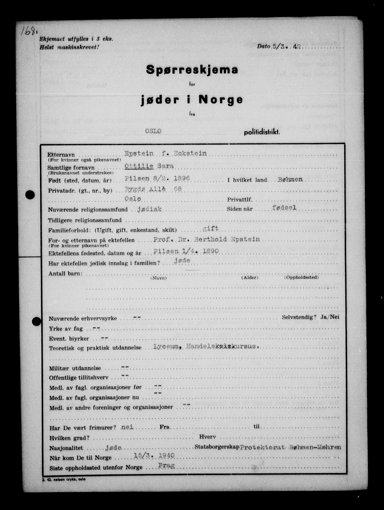 RA, Statspolitiet - Hovedkontoret / Osloavdelingen, G/Ga/L0009: Spørreskjema for jøder i Norge, Oslo Alexander-Gutman, 1942, s. 168