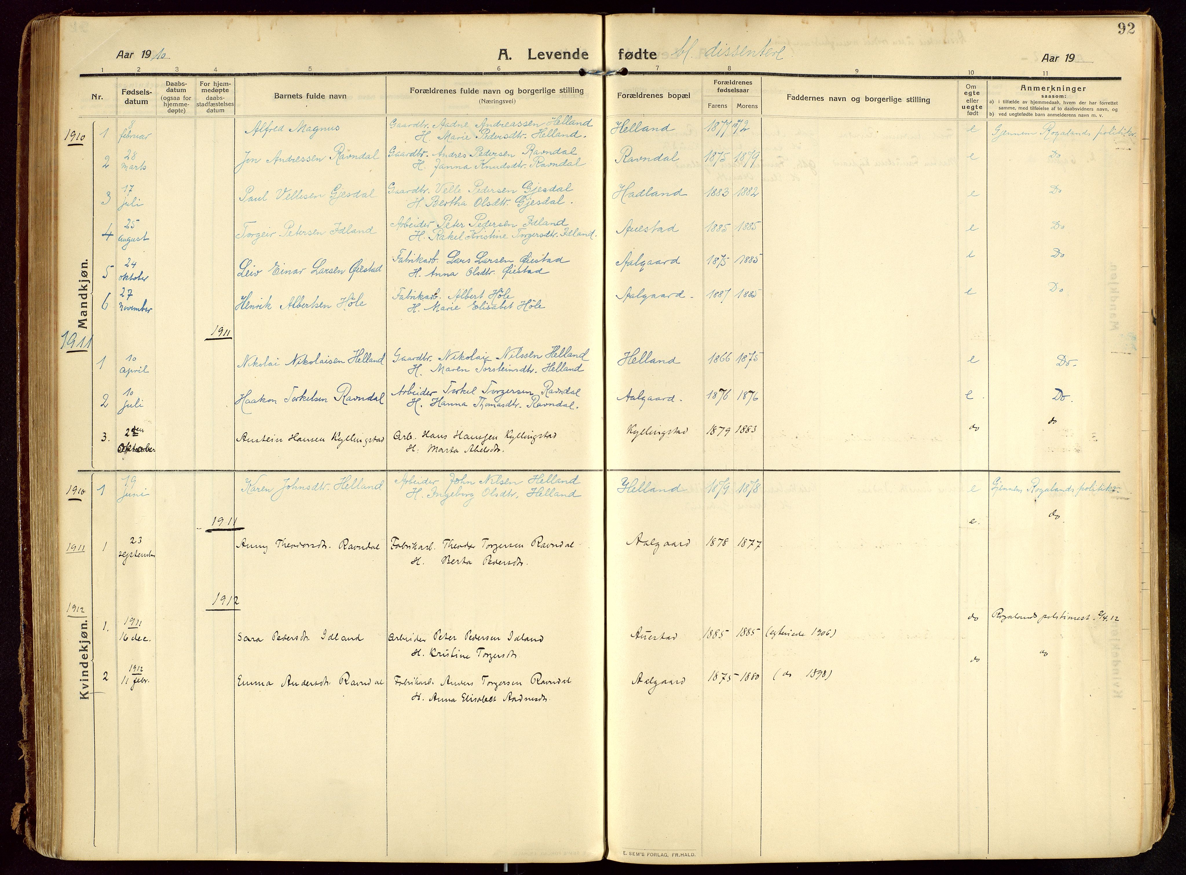 Lye sokneprestkontor, AV/SAST-A-101794/002/B/L0001: Ministerialbok nr. A 13, 1910-1925, s. 92