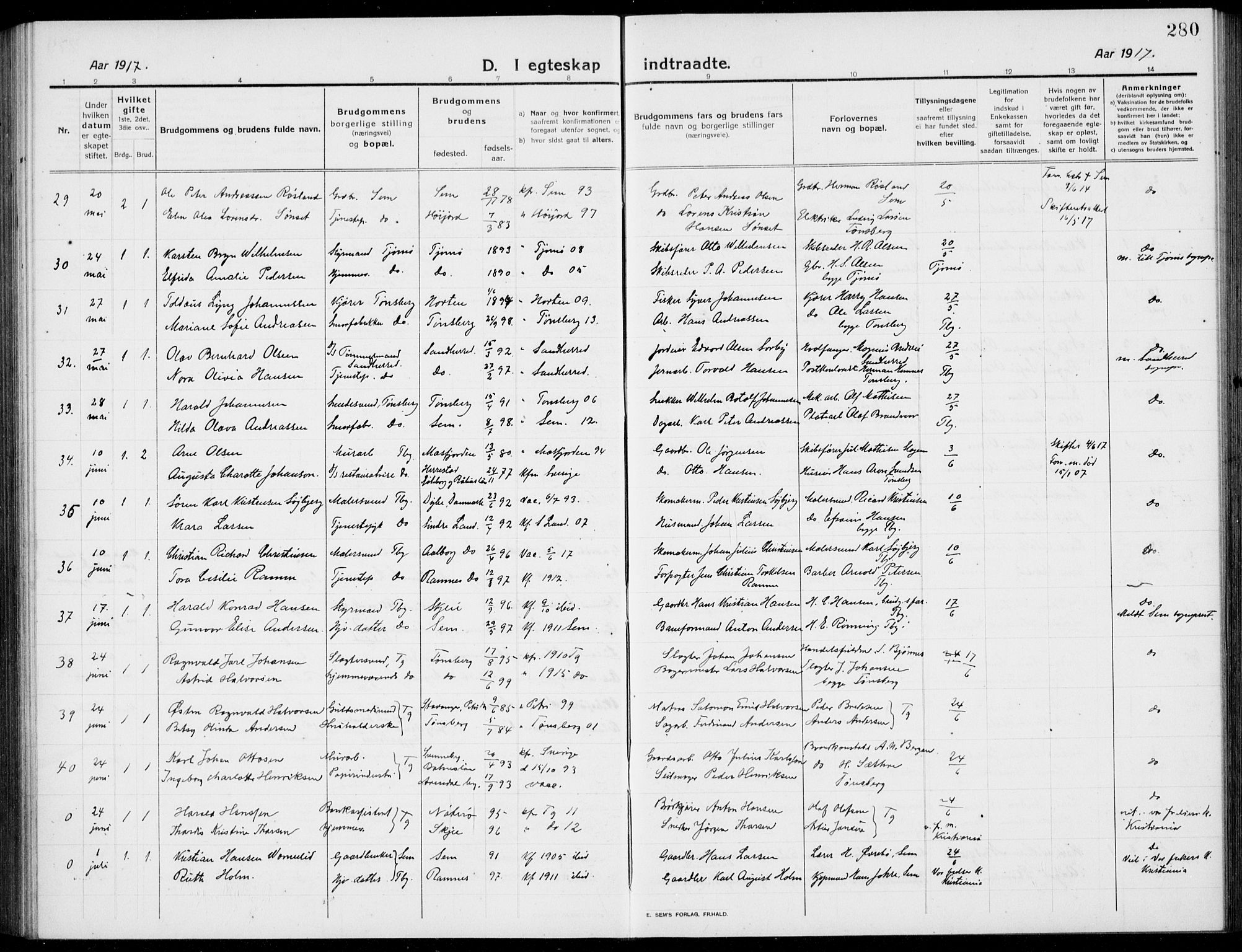 Tønsberg kirkebøker, AV/SAKO-A-330/G/Ga/L0009: Klokkerbok nr. 9, 1913-1920, s. 280
