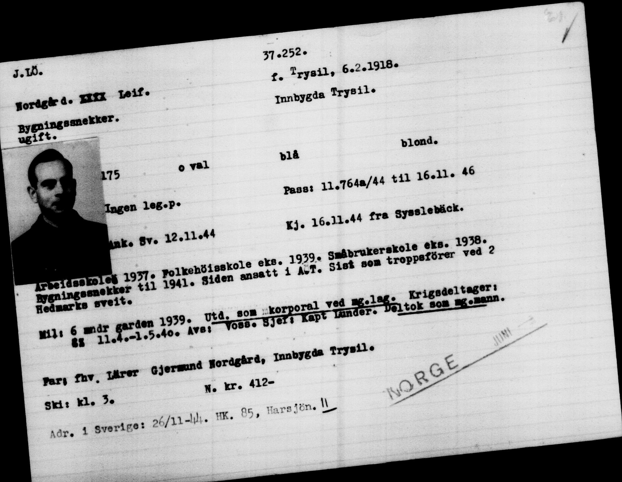 Utenriksstasjonene, Legasjonen i Stockholm, Flyktningkontoret, AV/RA-S-6753/V/Va/L0014: Kjesäterkartoteket, flyktninger med registreringsnr. 34700-37855, 1940-1945, s. 2684