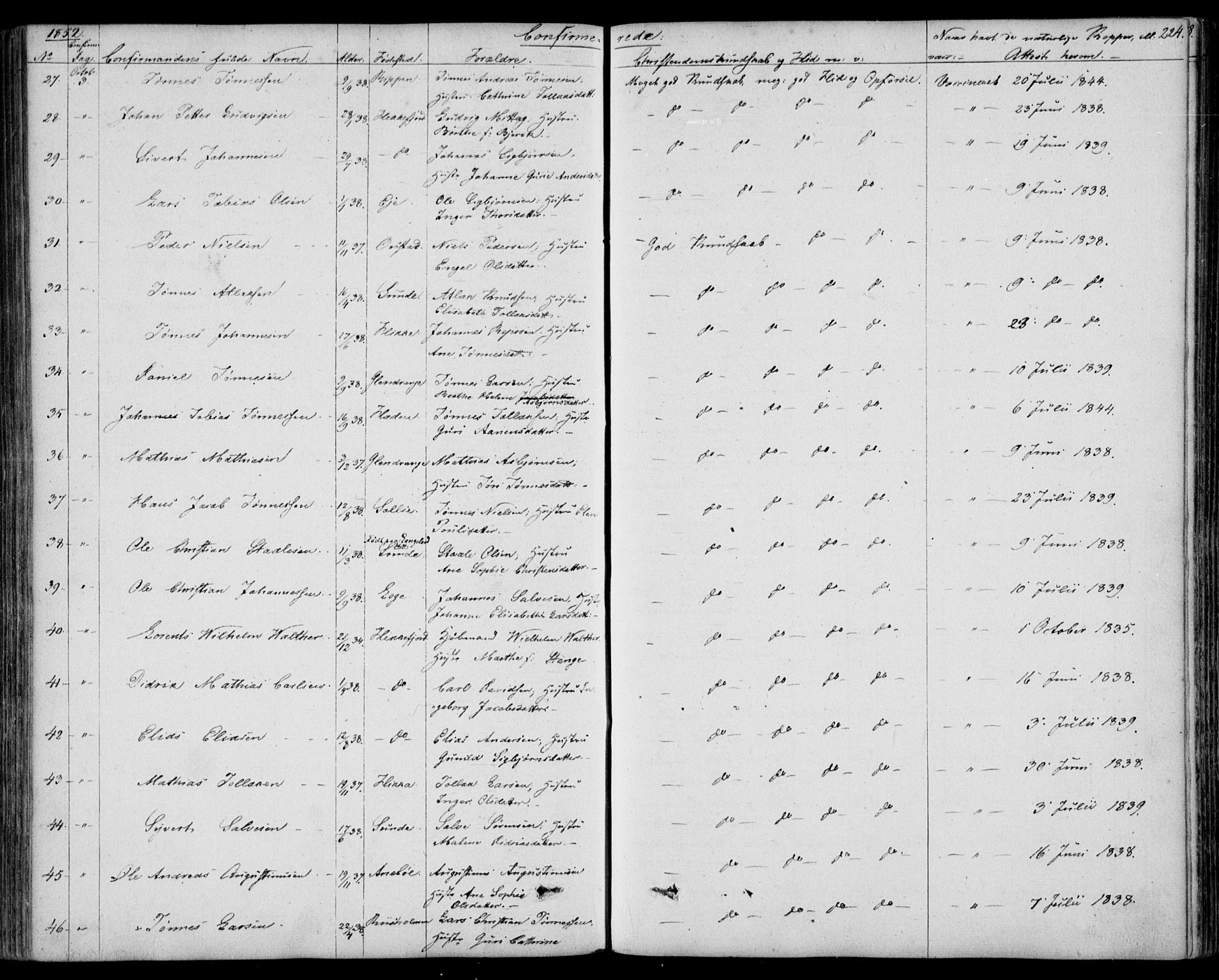 Flekkefjord sokneprestkontor, AV/SAK-1111-0012/F/Fb/Fbc/L0005: Klokkerbok nr. B 5, 1846-1866, s. 224