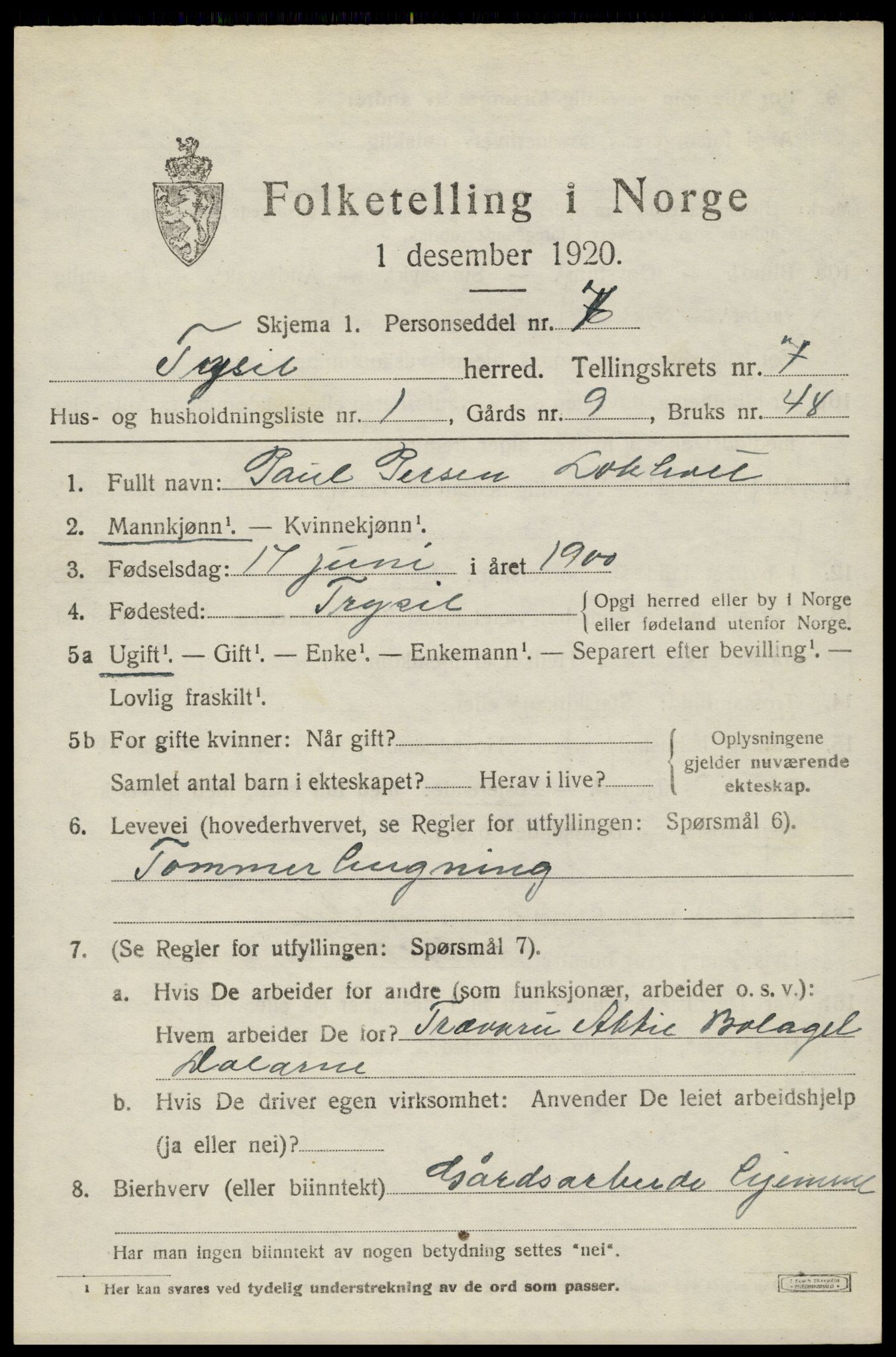 SAH, Folketelling 1920 for 0428 Trysil herred, 1920, s. 5233