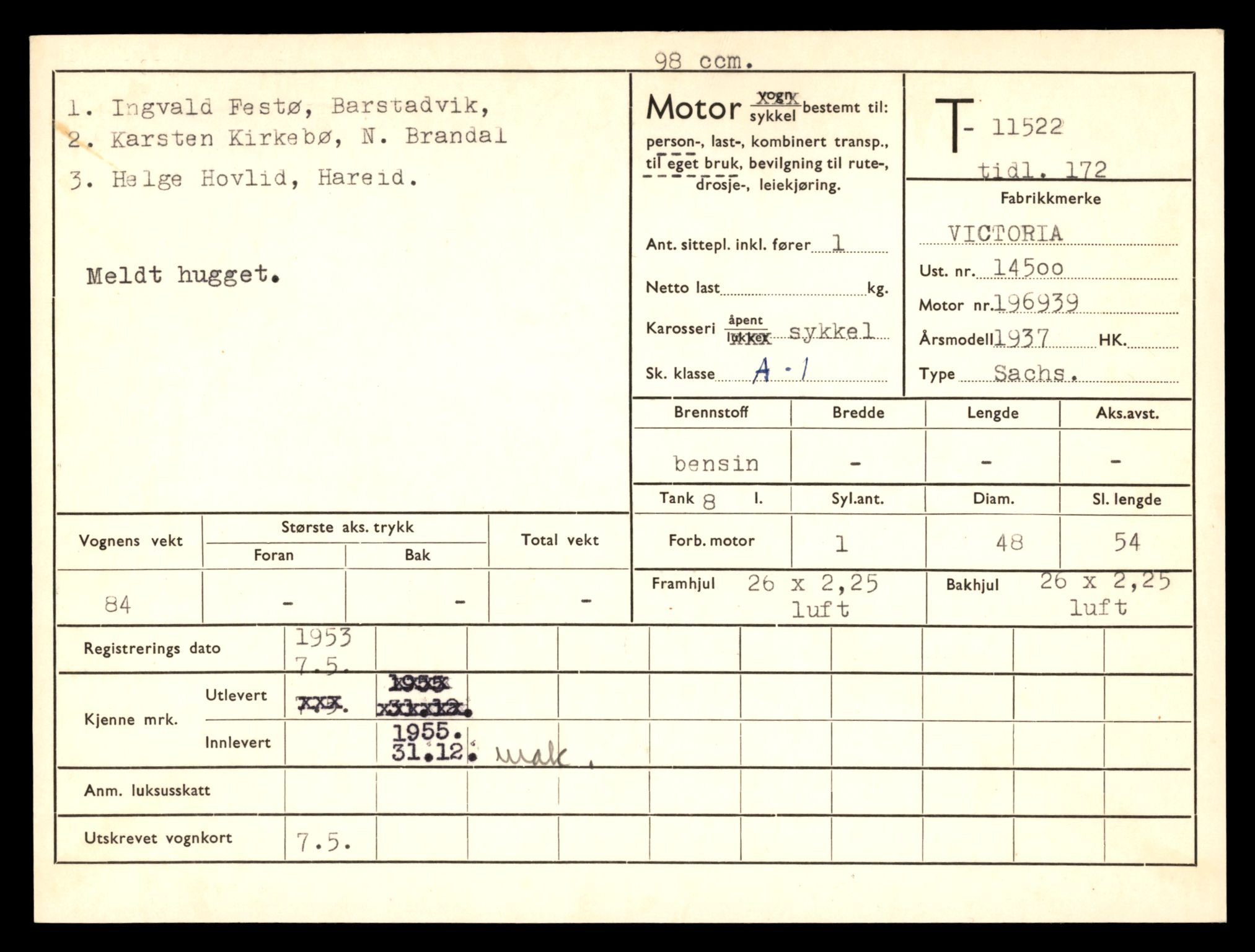 Møre og Romsdal vegkontor - Ålesund trafikkstasjon, AV/SAT-A-4099/F/Fe/L0029: Registreringskort for kjøretøy T 11430 - T 11619, 1927-1998, s. 1683