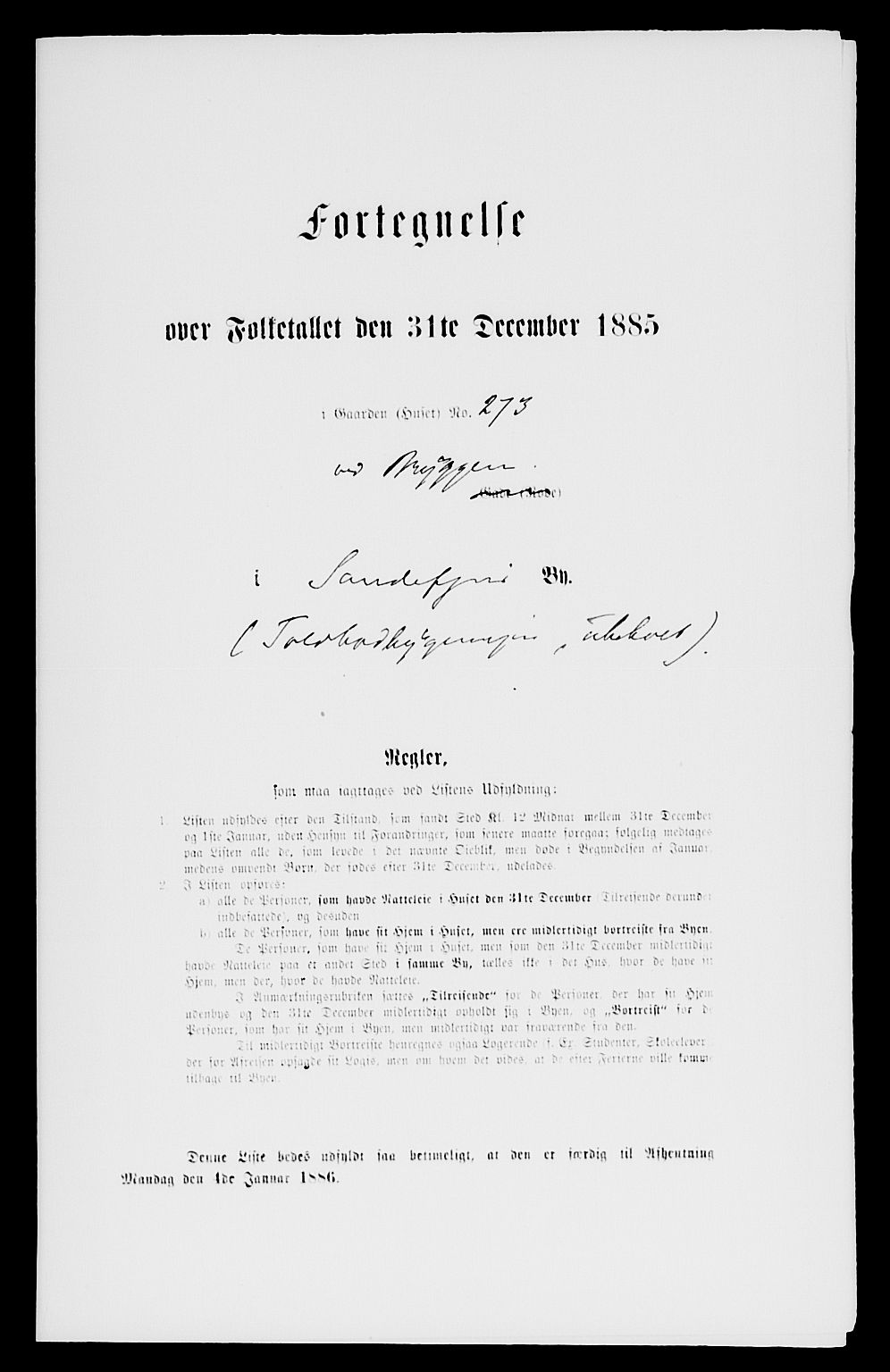 SAKO, Folketelling 1885 for 0706 Sandefjord kjøpstad, 1885, s. 273
