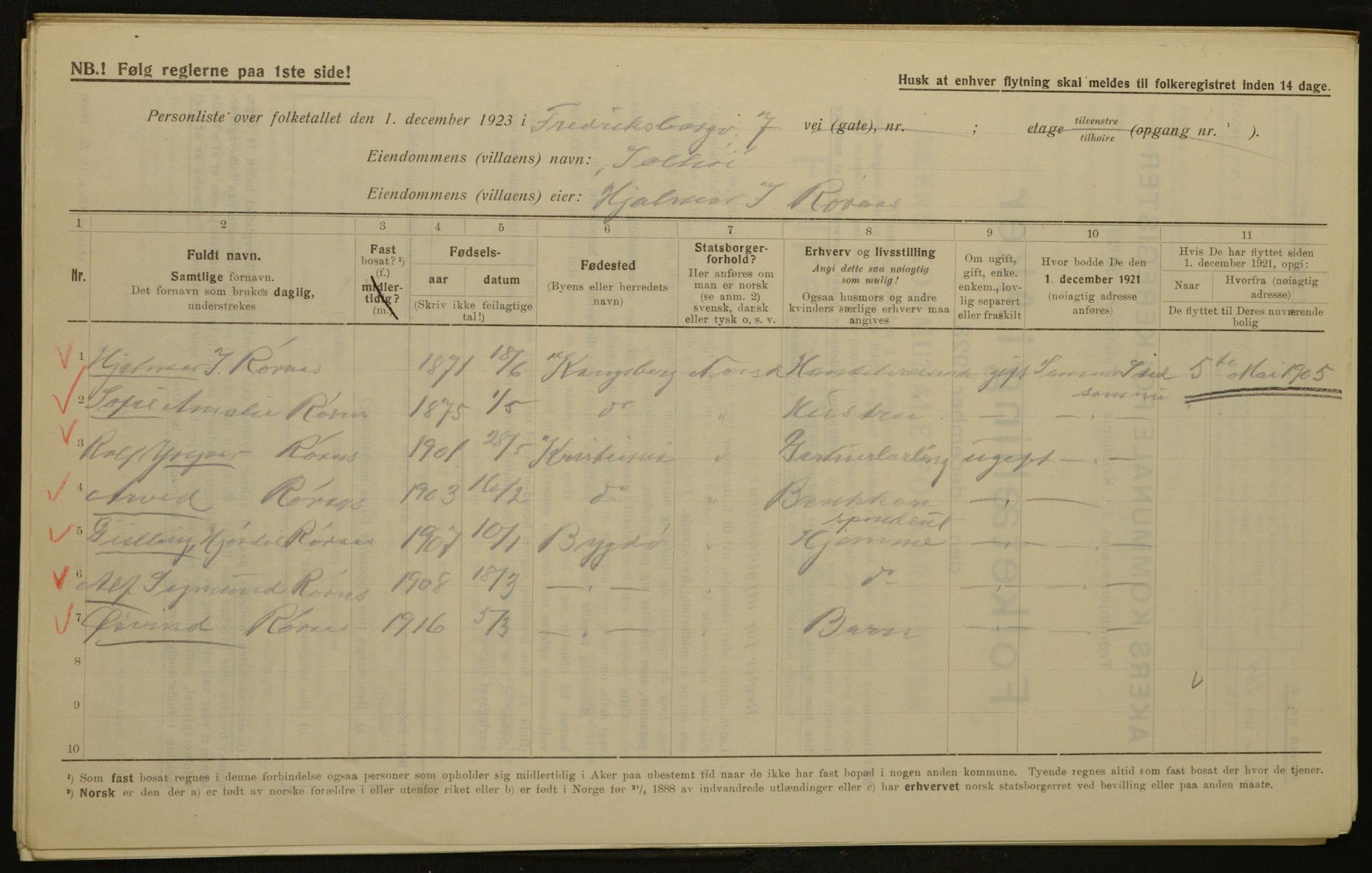 , Kommunal folketelling 1.12.1923 for Aker, 1923, s. 1739