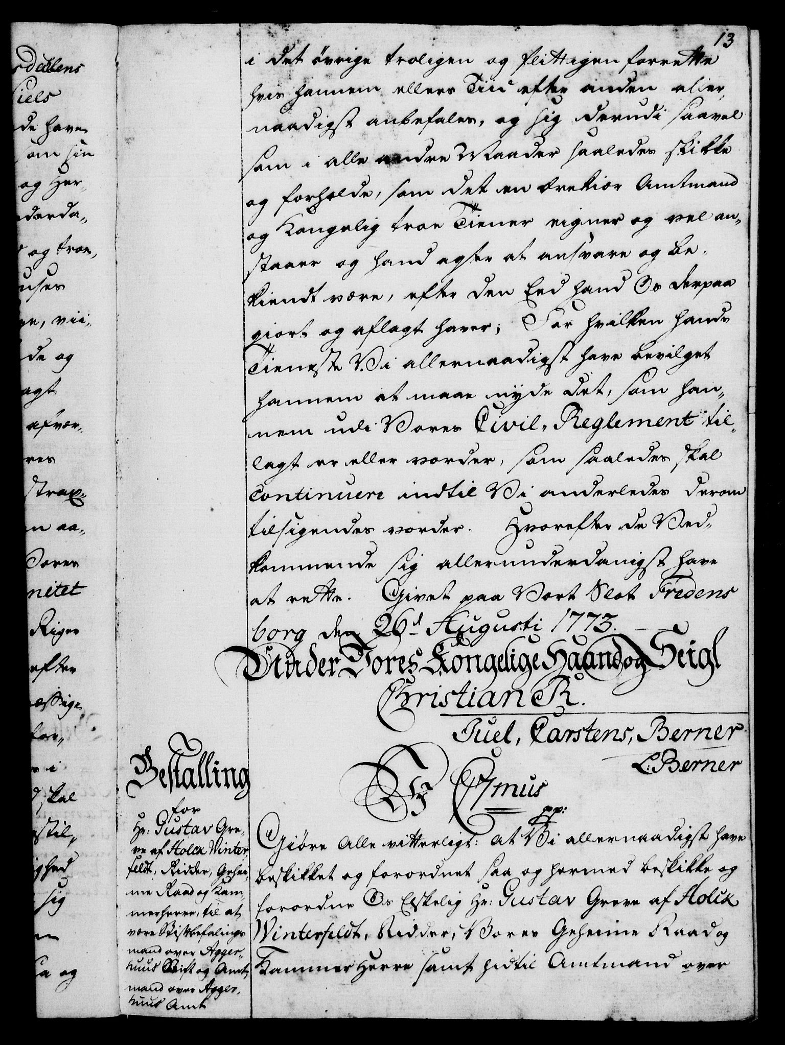 Rentekammeret, Kammerkanselliet, RA/EA-3111/G/Gg/Gge/L0006: Norsk bestallingsprotokoll med register (merket RK 53.30), 1773-1814, s. 13