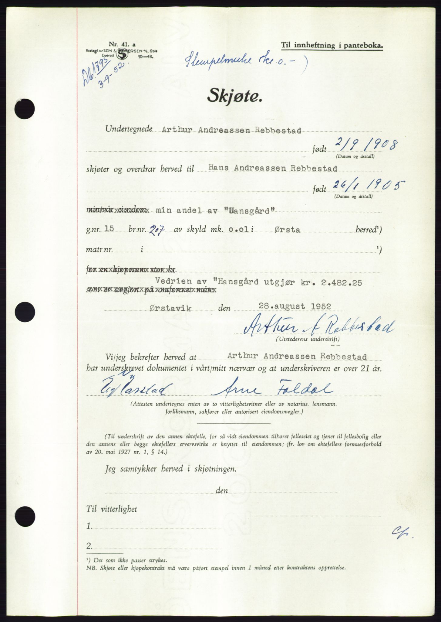 Søre Sunnmøre sorenskriveri, AV/SAT-A-4122/1/2/2C/L0092: Pantebok nr. 18A, 1952-1952, Dagboknr: 1795/1952