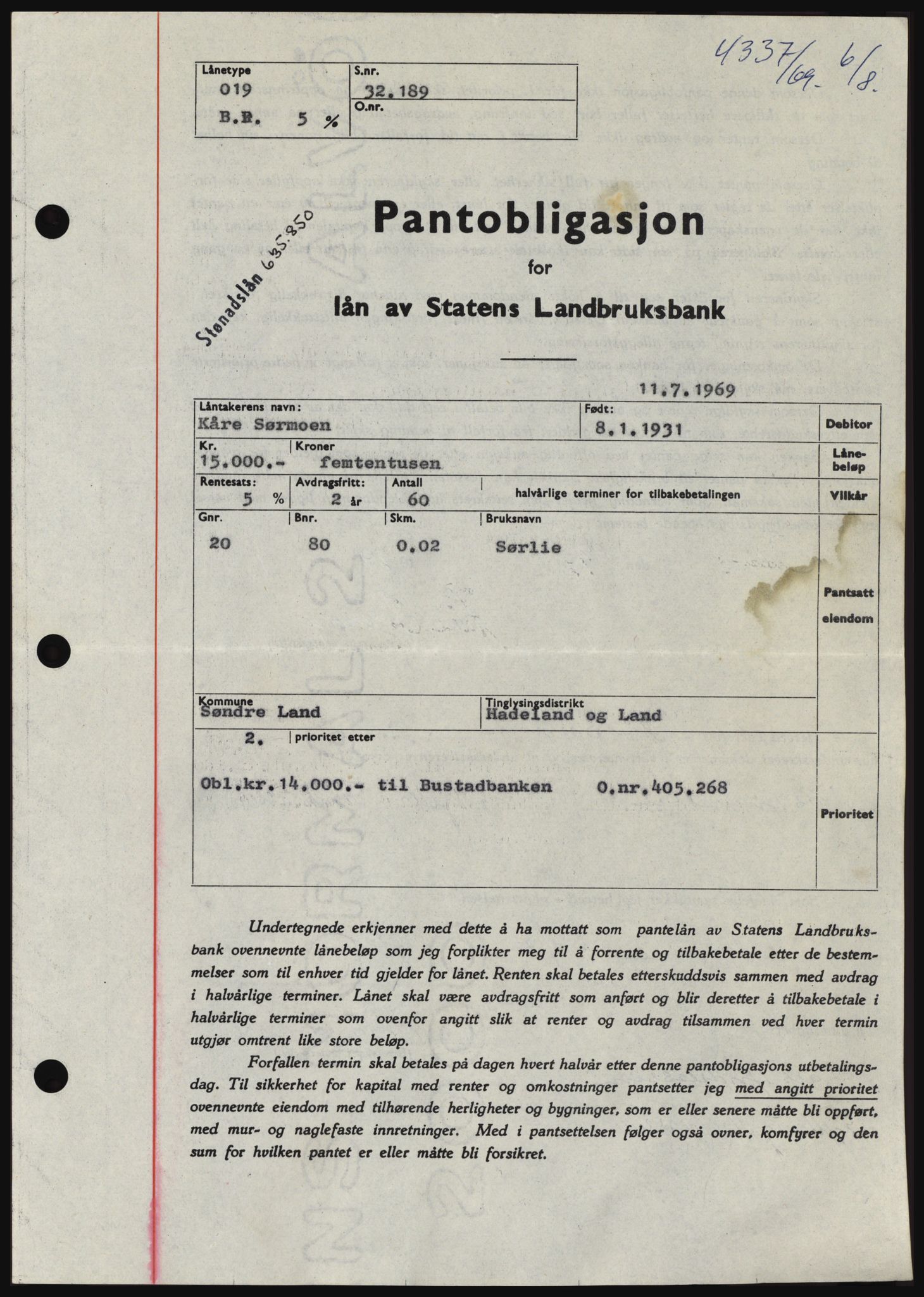 Hadeland og Land tingrett, SAH/TING-010/H/Hb/Hbc/L0074: Pantebok nr. B74, 1969-1969, Dagboknr: 4337/1969