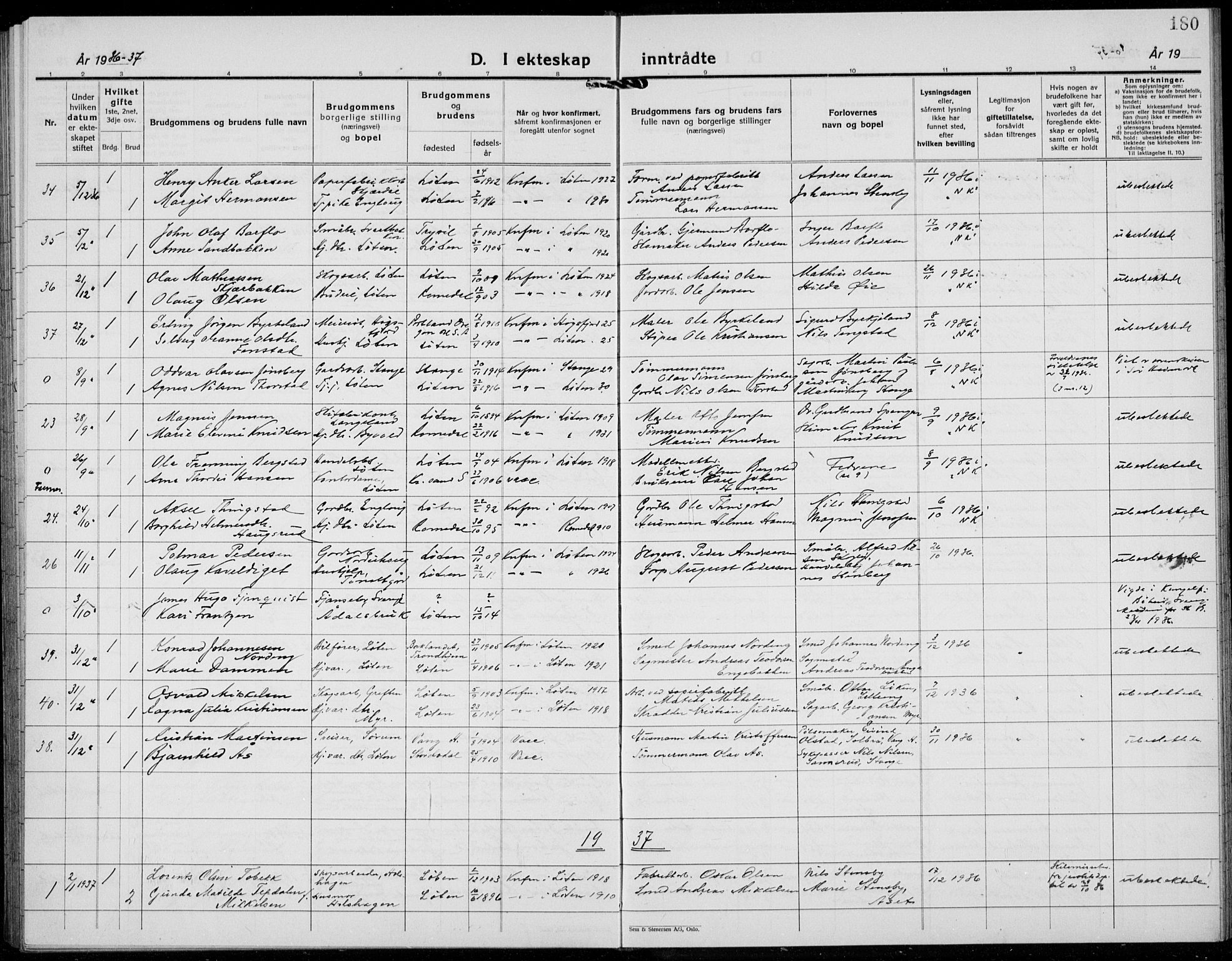 Løten prestekontor, AV/SAH-PREST-022/L/La/L0009: Klokkerbok nr. 9, 1930-1939, s. 180