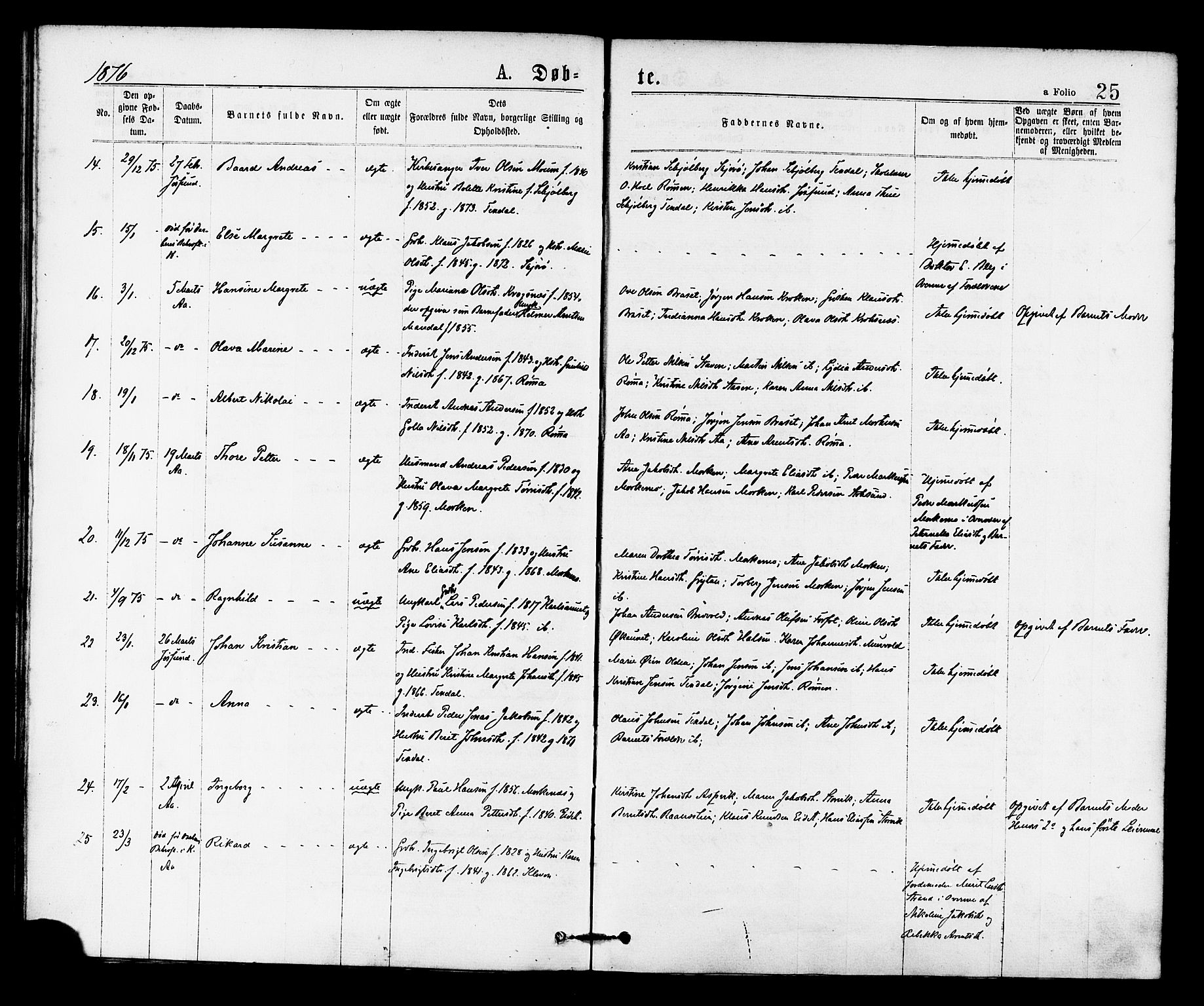 Ministerialprotokoller, klokkerbøker og fødselsregistre - Sør-Trøndelag, SAT/A-1456/655/L0679: Ministerialbok nr. 655A08, 1873-1879, s. 25