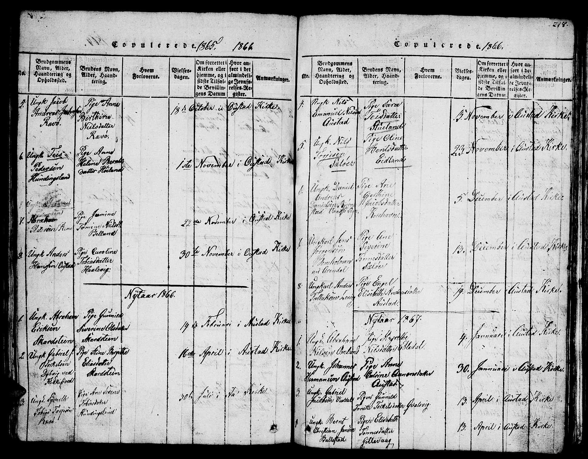 Lyngdal sokneprestkontor, AV/SAK-1111-0029/F/Fb/Fba/L0001: Klokkerbok nr. B 1, 1816-1876, s. 218