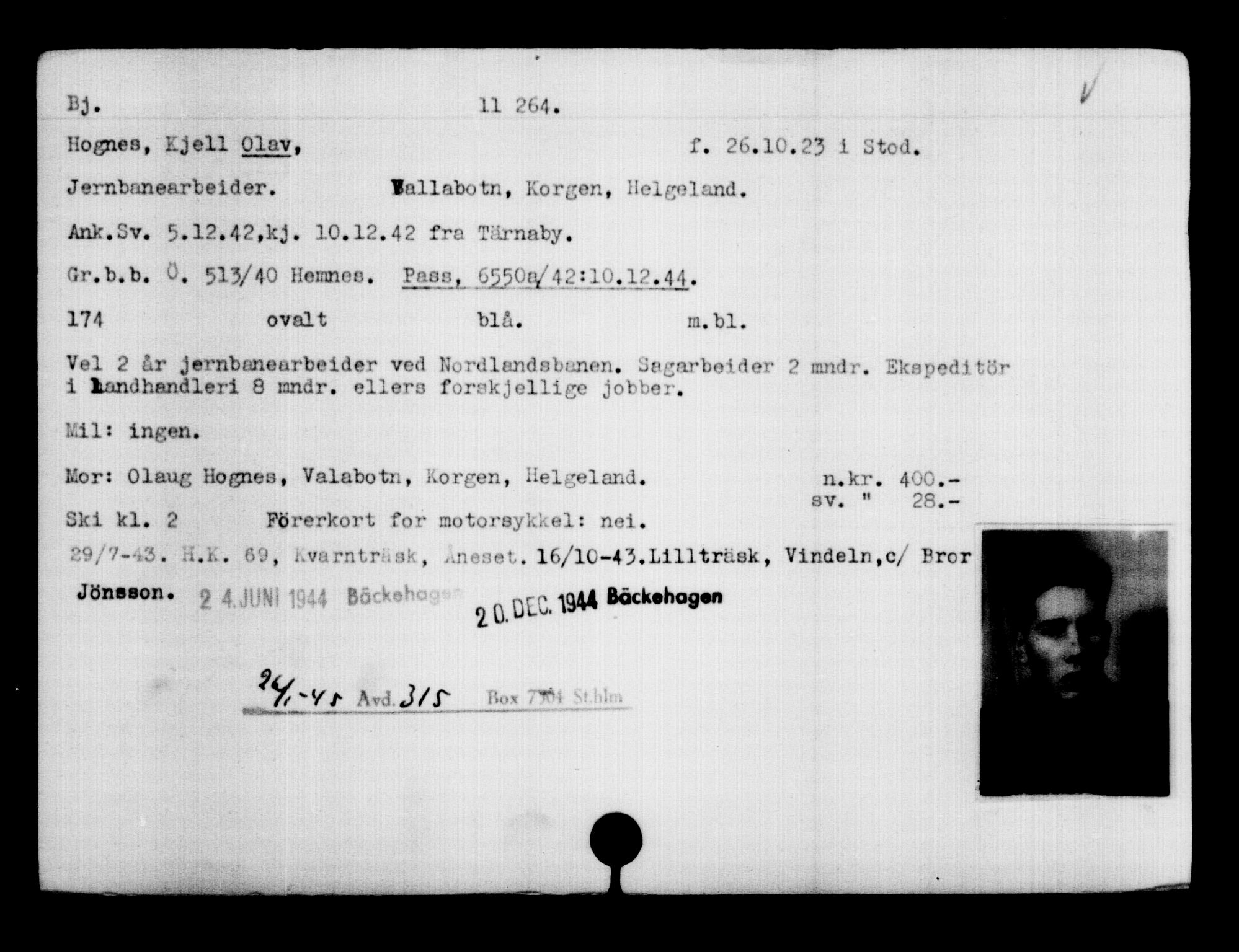 Utenriksstasjonene, Legasjonen i Stockholm, Flyktningkontoret, AV/RA-S-6753/V/Va/L0006: Kjesäterkartoteket, flyktninger med registreringsnr. 9400-12711, 1940-1945, s. 2105
