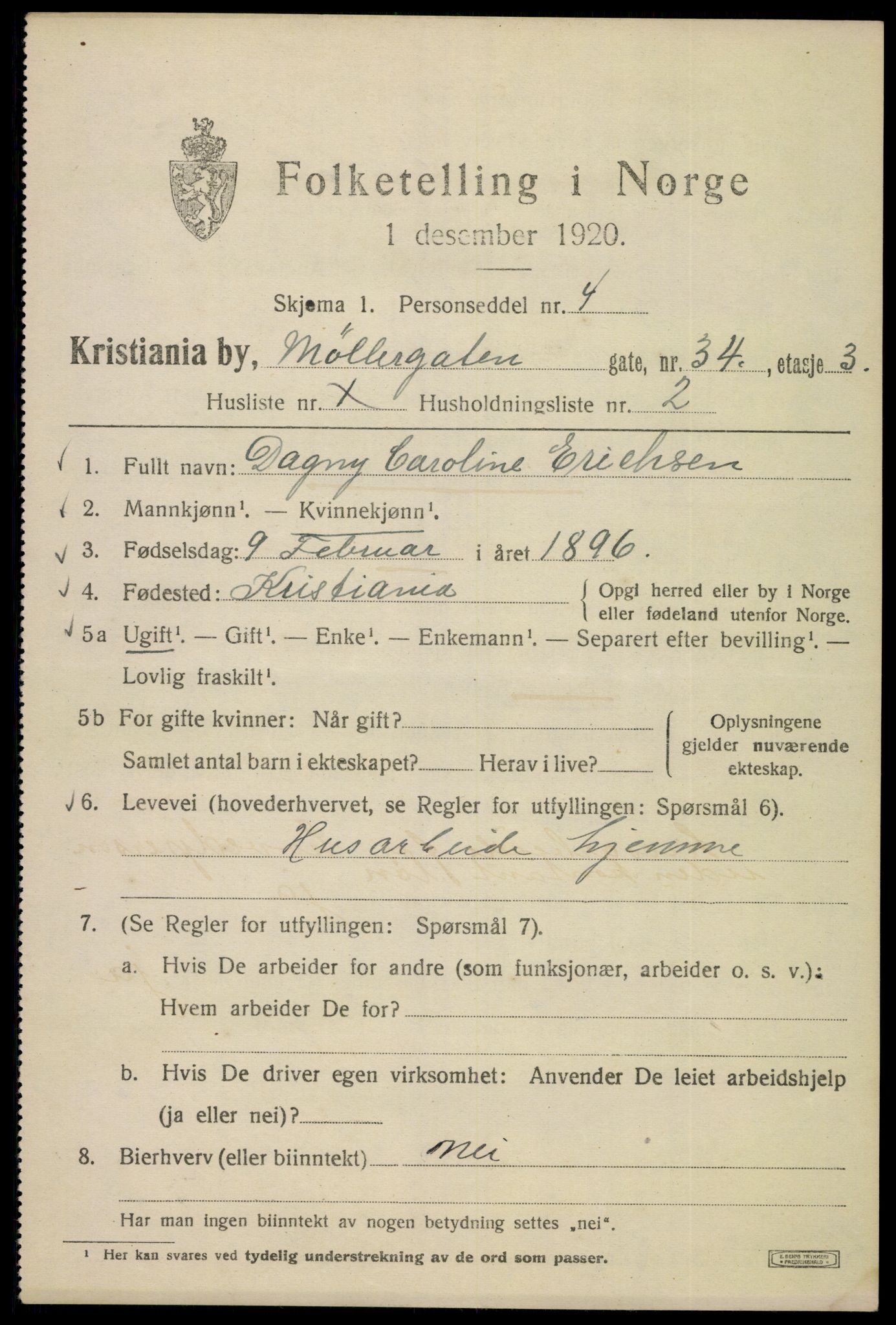SAO, Folketelling 1920 for 0301 Kristiania kjøpstad, 1920, s. 407985