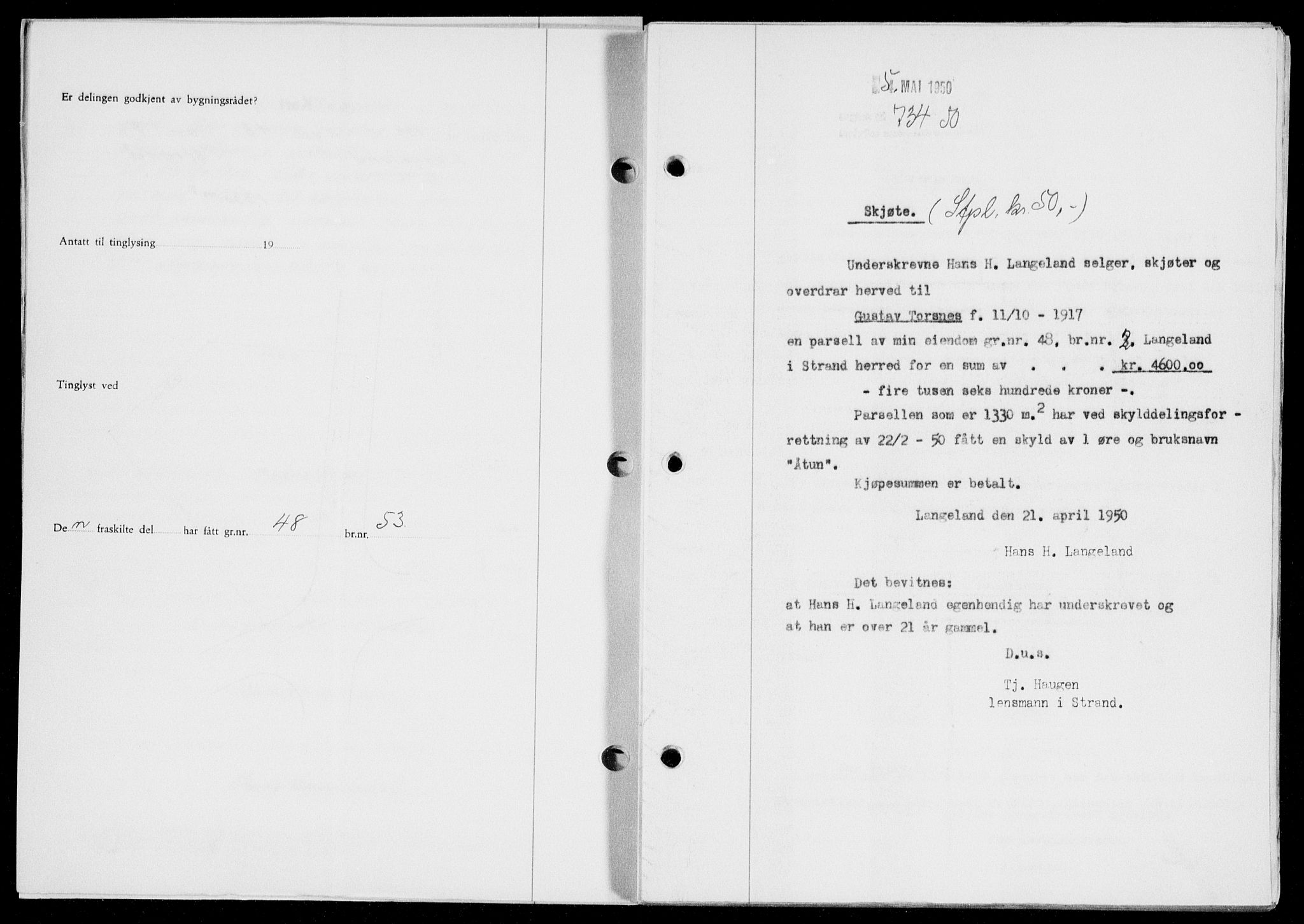 Ryfylke tingrett, SAST/A-100055/001/II/IIB/L0109: Pantebok nr. 88, 1950-1950, Dagboknr: 734/1950