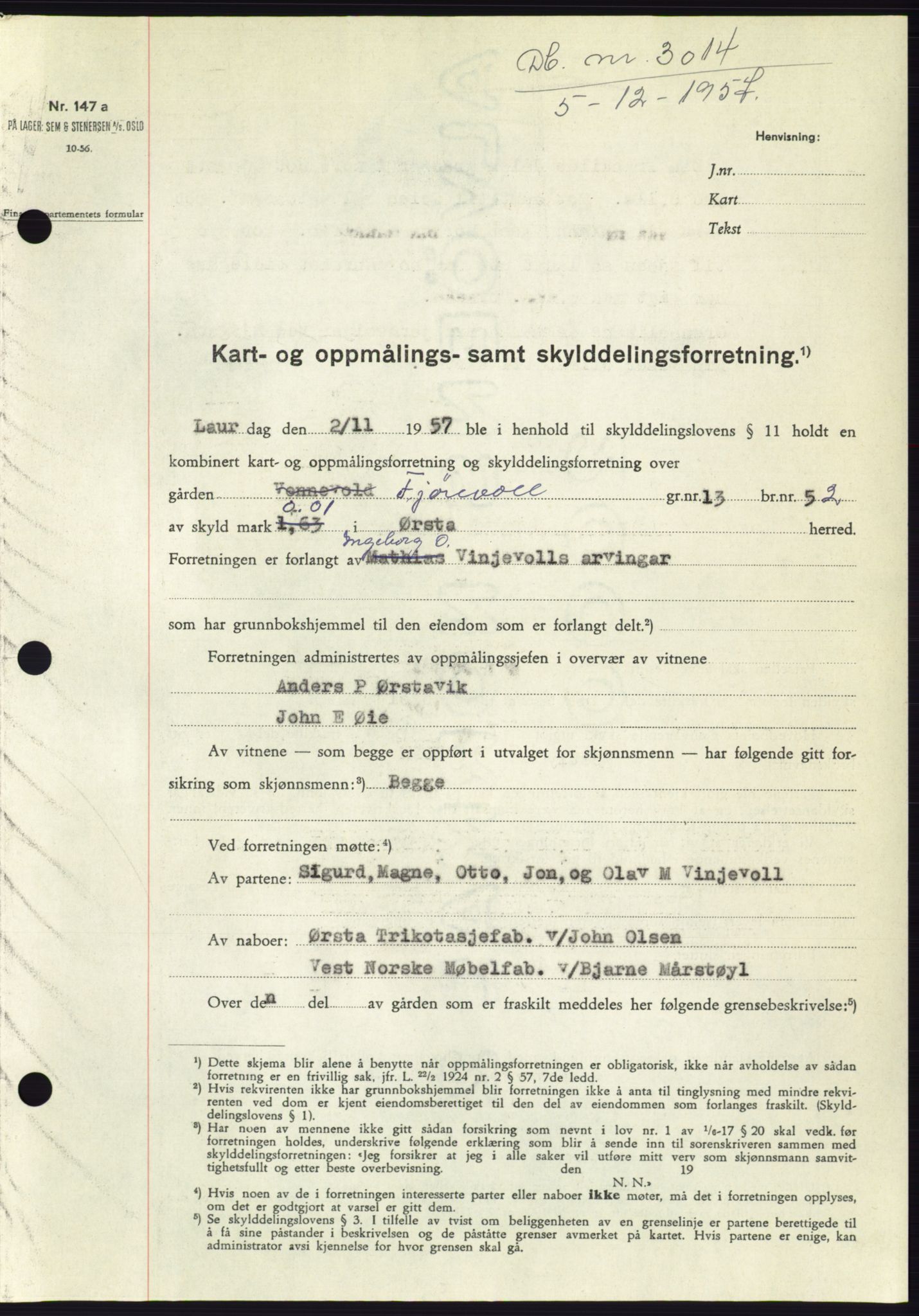 Søre Sunnmøre sorenskriveri, SAT/A-4122/1/2/2C/L0108: Pantebok nr. 34A, 1957-1958, Dagboknr: 3014/1957