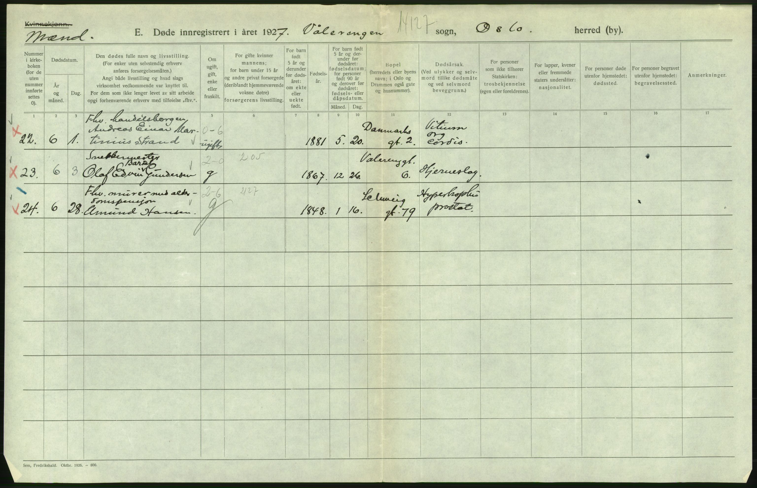 Statistisk sentralbyrå, Sosiodemografiske emner, Befolkning, AV/RA-S-2228/D/Df/Dfc/Dfcg/L0009: Oslo: Døde menn, 1927, s. 508