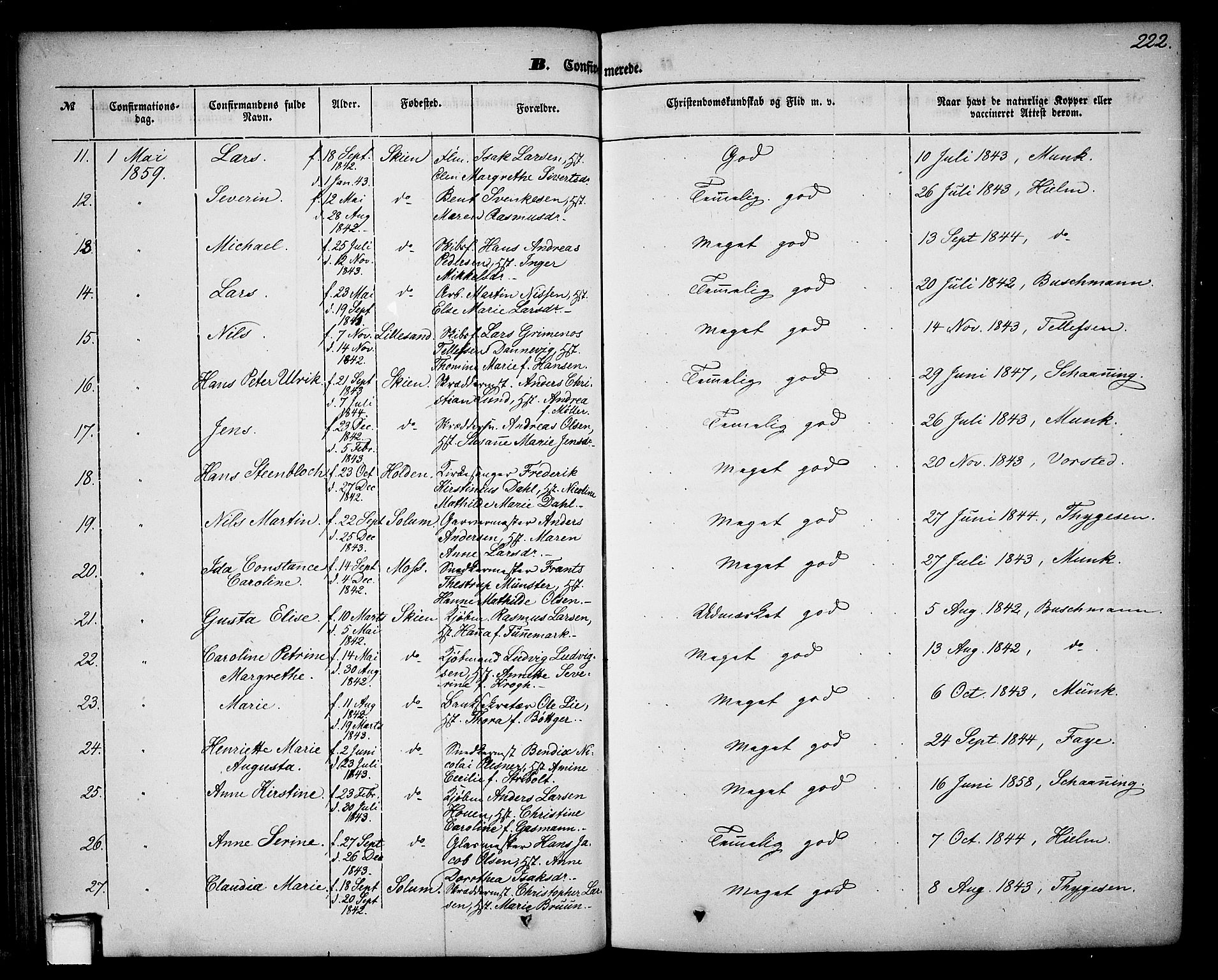 Skien kirkebøker, AV/SAKO-A-302/G/Ga/L0004: Klokkerbok nr. 4, 1843-1867, s. 222