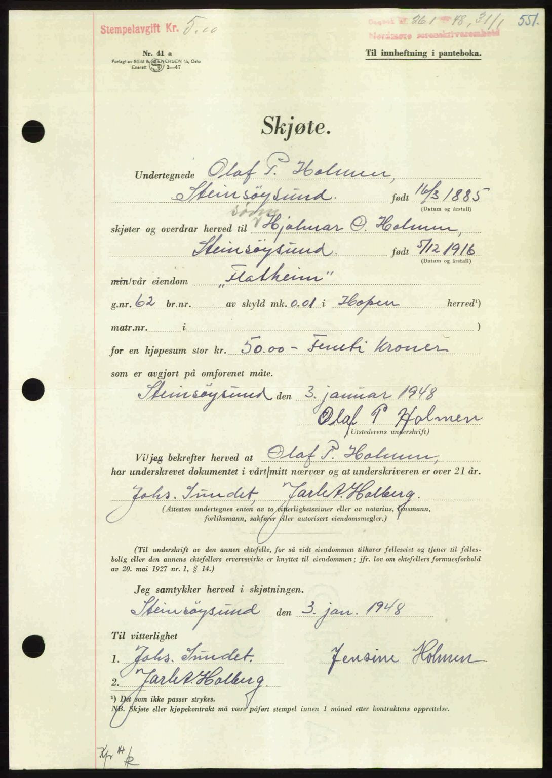 Nordmøre sorenskriveri, AV/SAT-A-4132/1/2/2Ca: Pantebok nr. A107, 1947-1948, Dagboknr: 261/1948