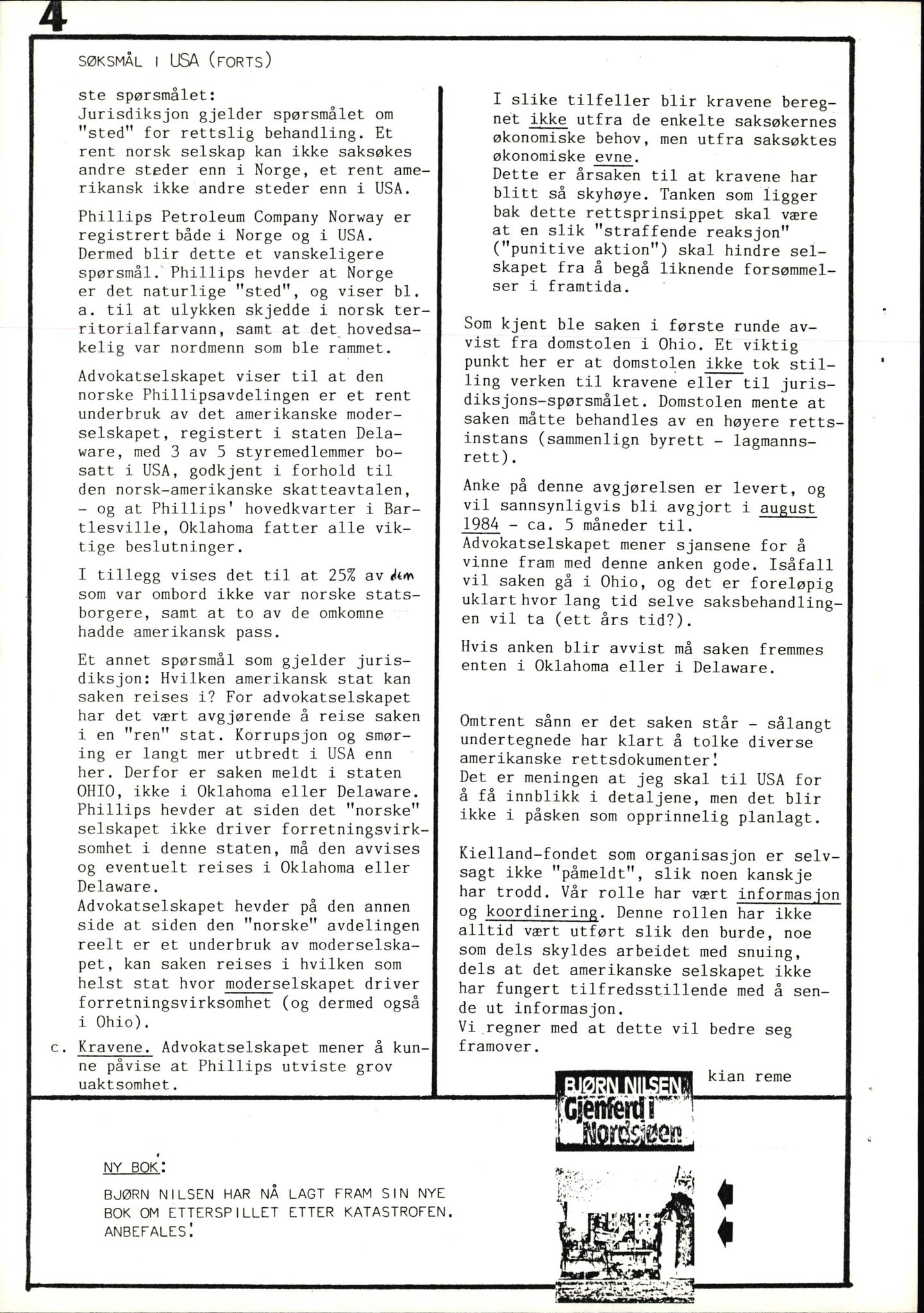 Pa 1660 - Kielland- fondet, AV/SAST-A-102242/X/Xa/L0001: Rapport til overlevende og etterlatte/ Kielland Bulletin, 1980-1998