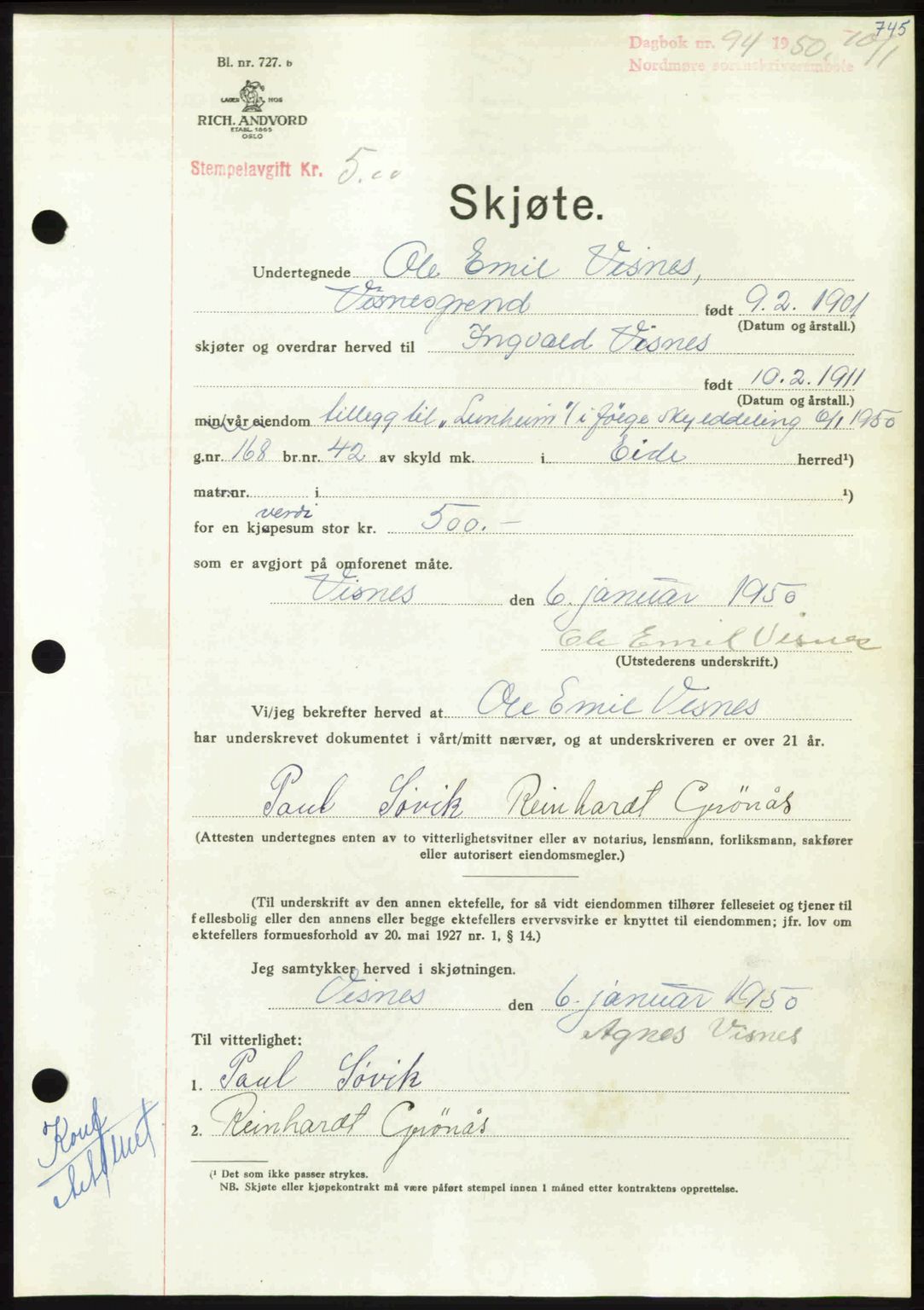 Nordmøre sorenskriveri, AV/SAT-A-4132/1/2/2Ca: Pantebok nr. A113, 1949-1950, Dagboknr: 94/1950