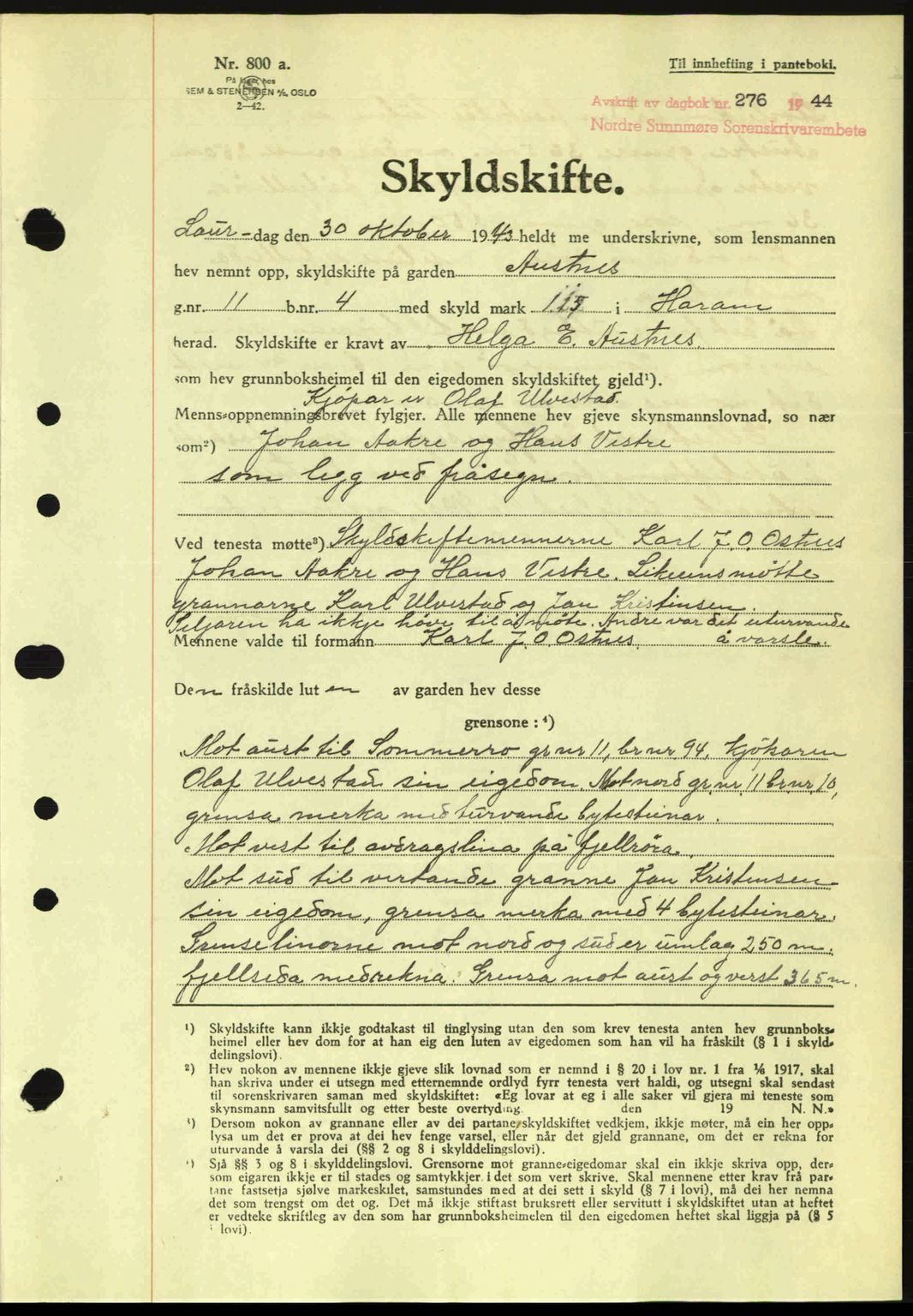 Nordre Sunnmøre sorenskriveri, AV/SAT-A-0006/1/2/2C/2Ca: Pantebok nr. A17, 1943-1944, Dagboknr: 276/1944