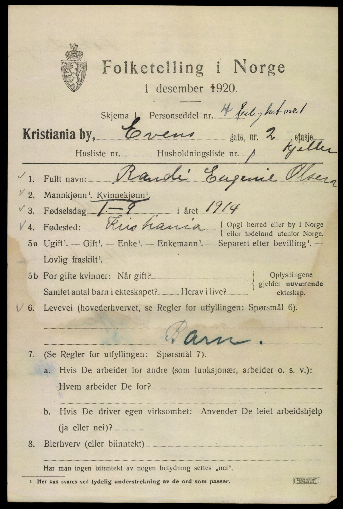 SAO, Folketelling 1920 for 0301 Kristiania kjøpstad, 1920, s. 224731