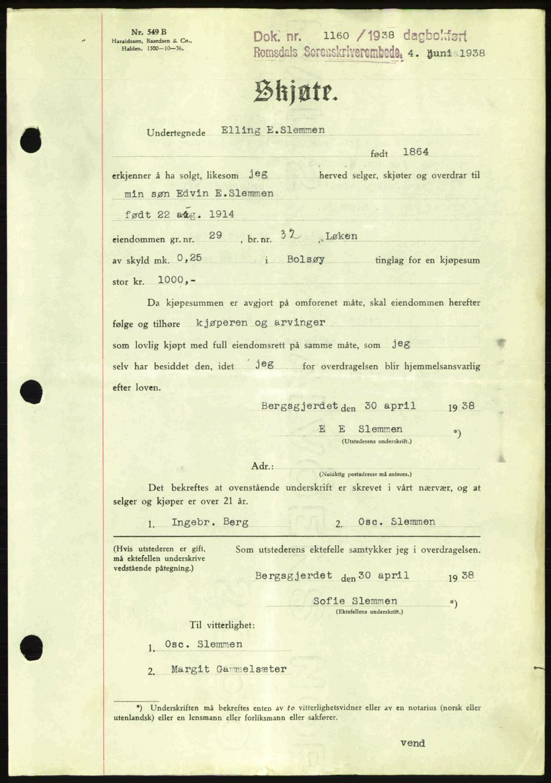 Romsdal sorenskriveri, SAT/A-4149/1/2/2C: Pantebok nr. A5, 1938-1938, Dagboknr: 1160/1938