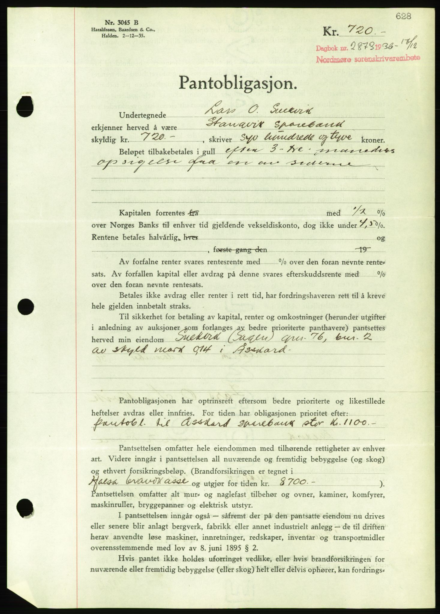 Nordmøre sorenskriveri, AV/SAT-A-4132/1/2/2Ca/L0090: Pantebok nr. B80, 1936-1937, Dagboknr: 2873/1936