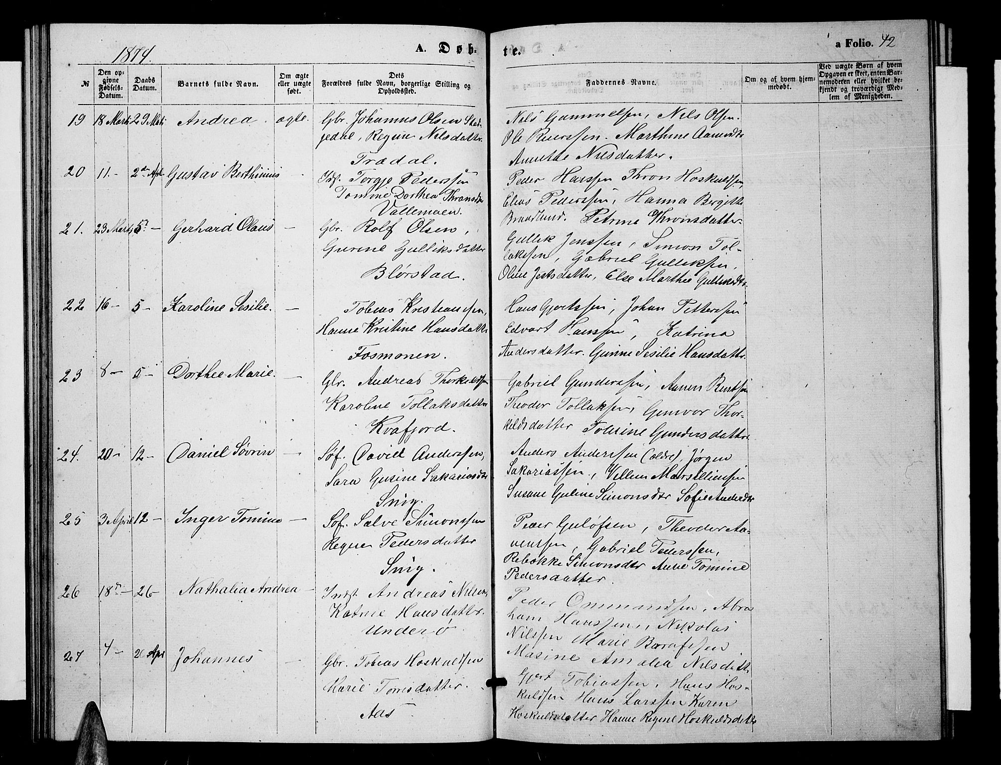 Sør-Audnedal sokneprestkontor, AV/SAK-1111-0039/F/Fb/Fbb/L0004: Klokkerbok nr. B 4, 1868-1879, s. 42