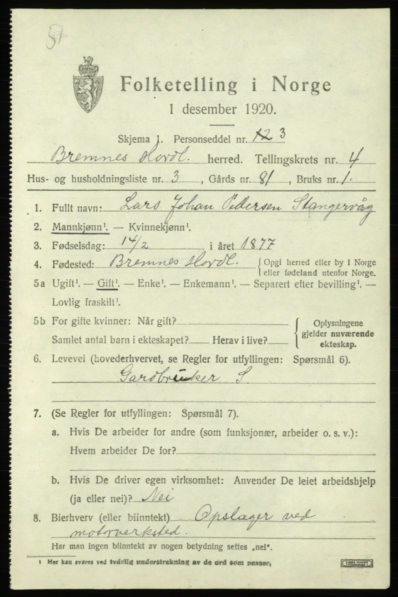 SAB, Folketelling 1920 for 1220 Bremnes herred, 1920, s. 1828
