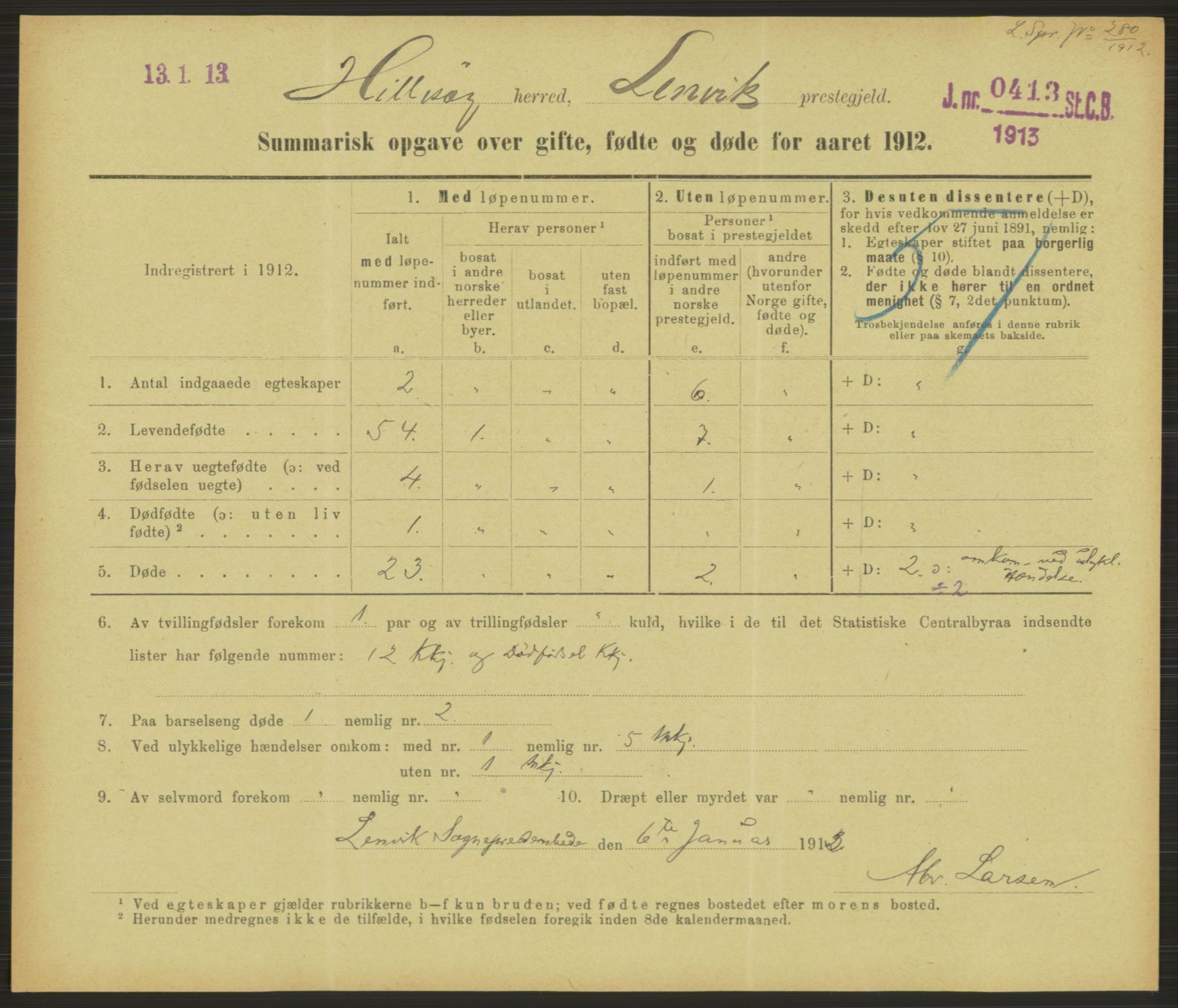 Statistisk sentralbyrå, Sosiodemografiske emner, Befolkning, RA/S-2228/D/Df/Dfb/Dfbb/L0052: Summariske oppgaver over gifte, fødte og døde for hele landet., 1912, s. 1487