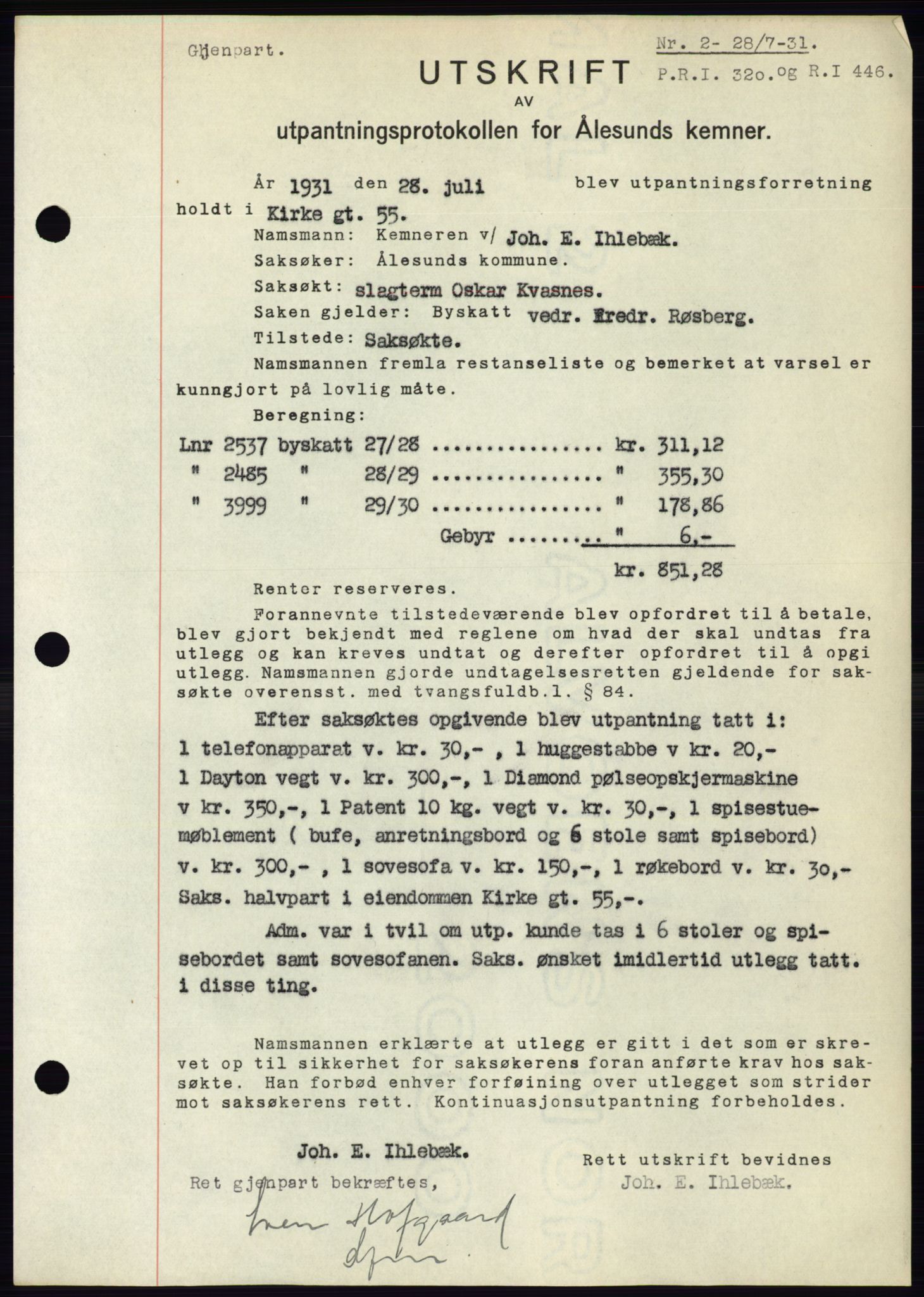 Ålesund byfogd, SAT/A-4384: Pantebok nr. 27, 1930-1931, Tingl.dato: 28.07.1931