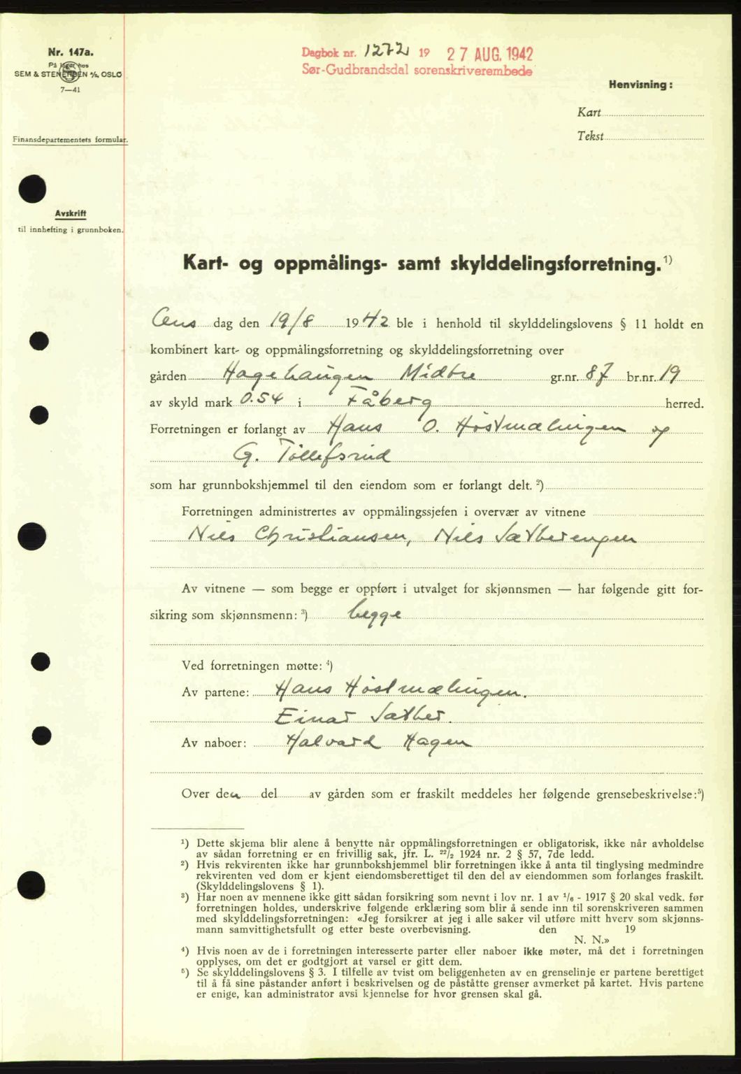 Sør-Gudbrandsdal tingrett, SAH/TING-004/H/Hb/Hbd/L0011: Pantebok nr. A11, 1942-1943, Dagboknr: 1272/1942