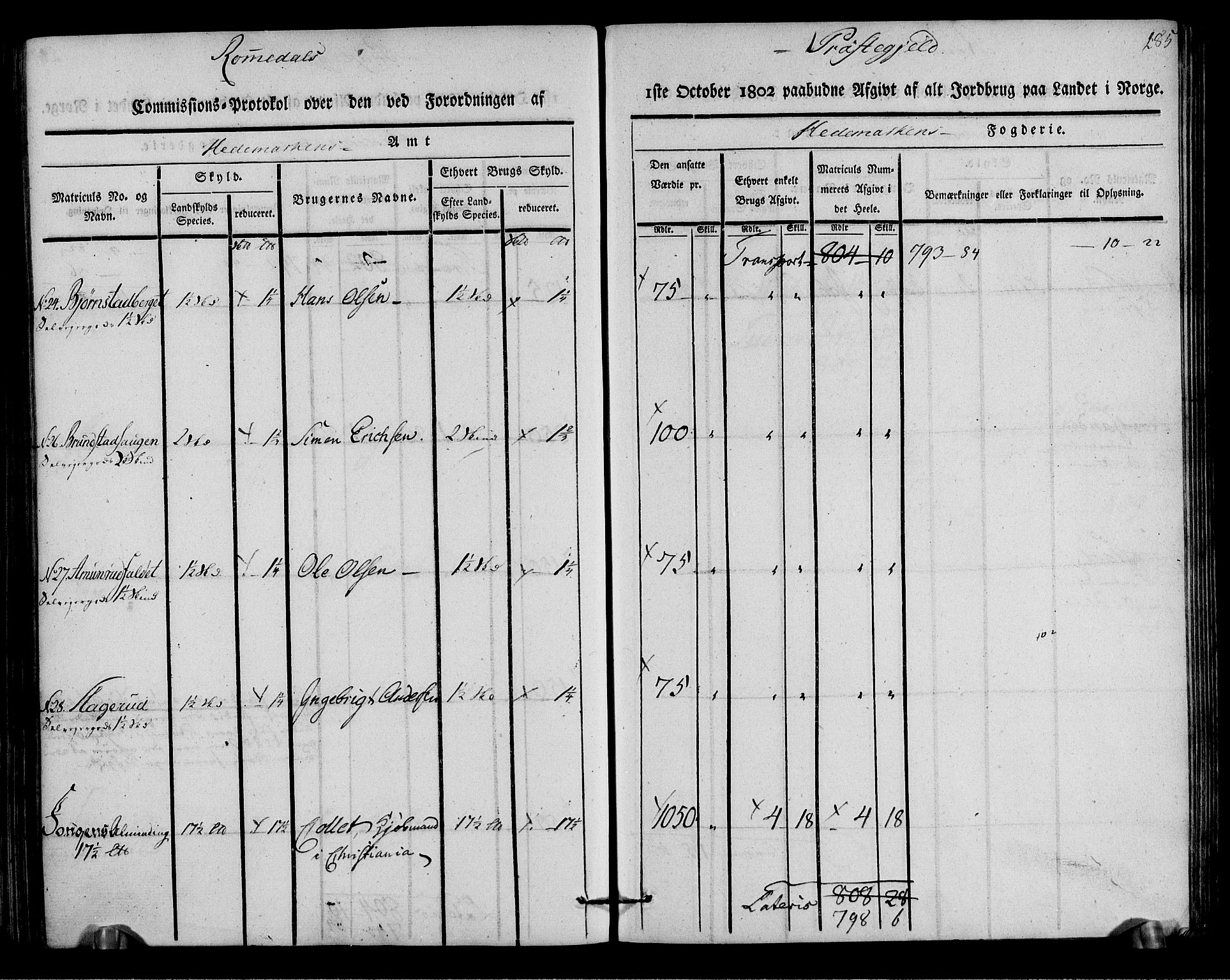 Rentekammeret inntil 1814, Realistisk ordnet avdeling, AV/RA-EA-4070/N/Ne/Nea/L0033: Hedmark fogderi. Kommisjonsprotokoll, 1803, s. 287