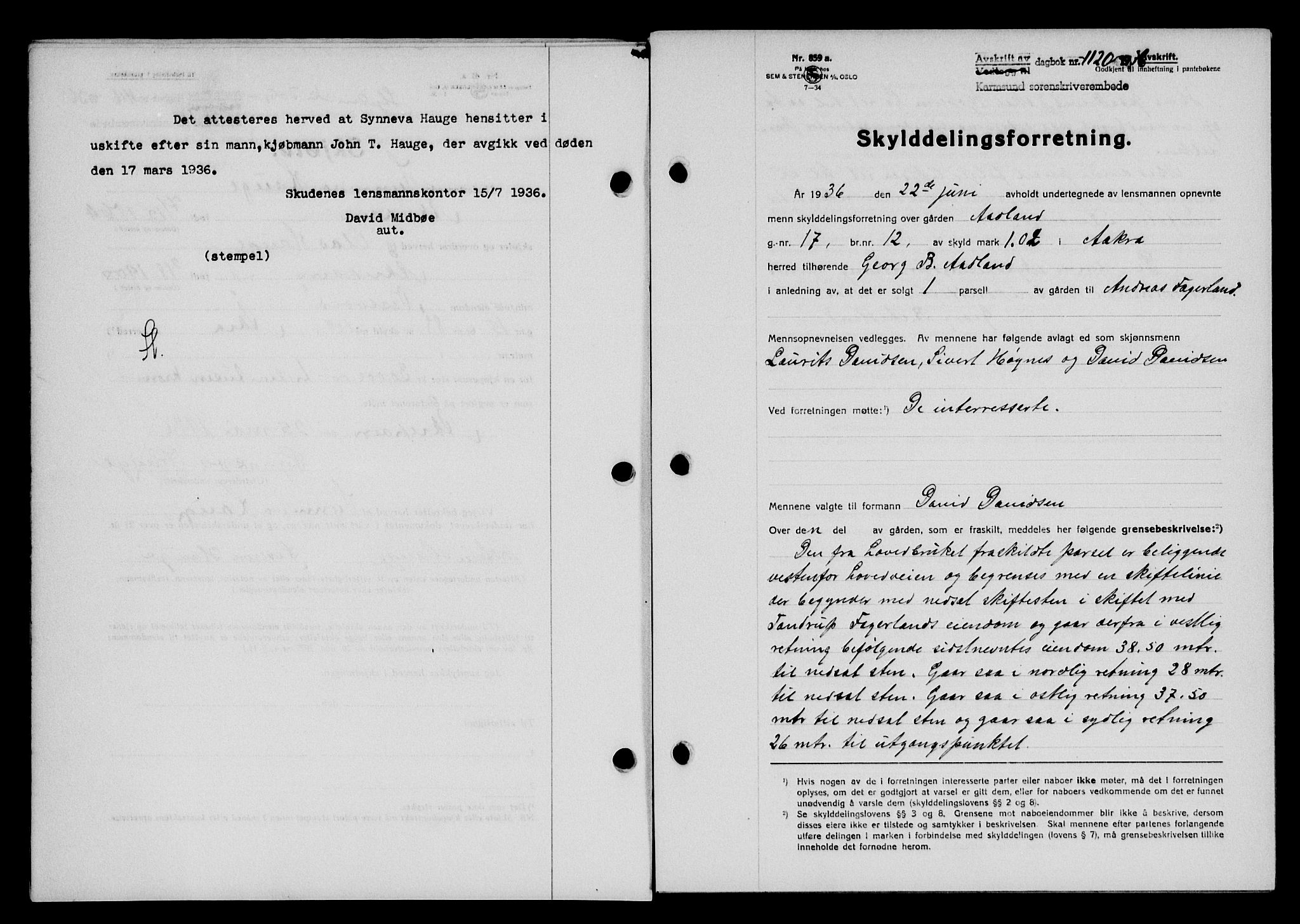 Karmsund sorenskriveri, SAST/A-100311/01/II/IIB/L0066: Pantebok nr. 47A, 1936-1936, Dagboknr: 1120/1936