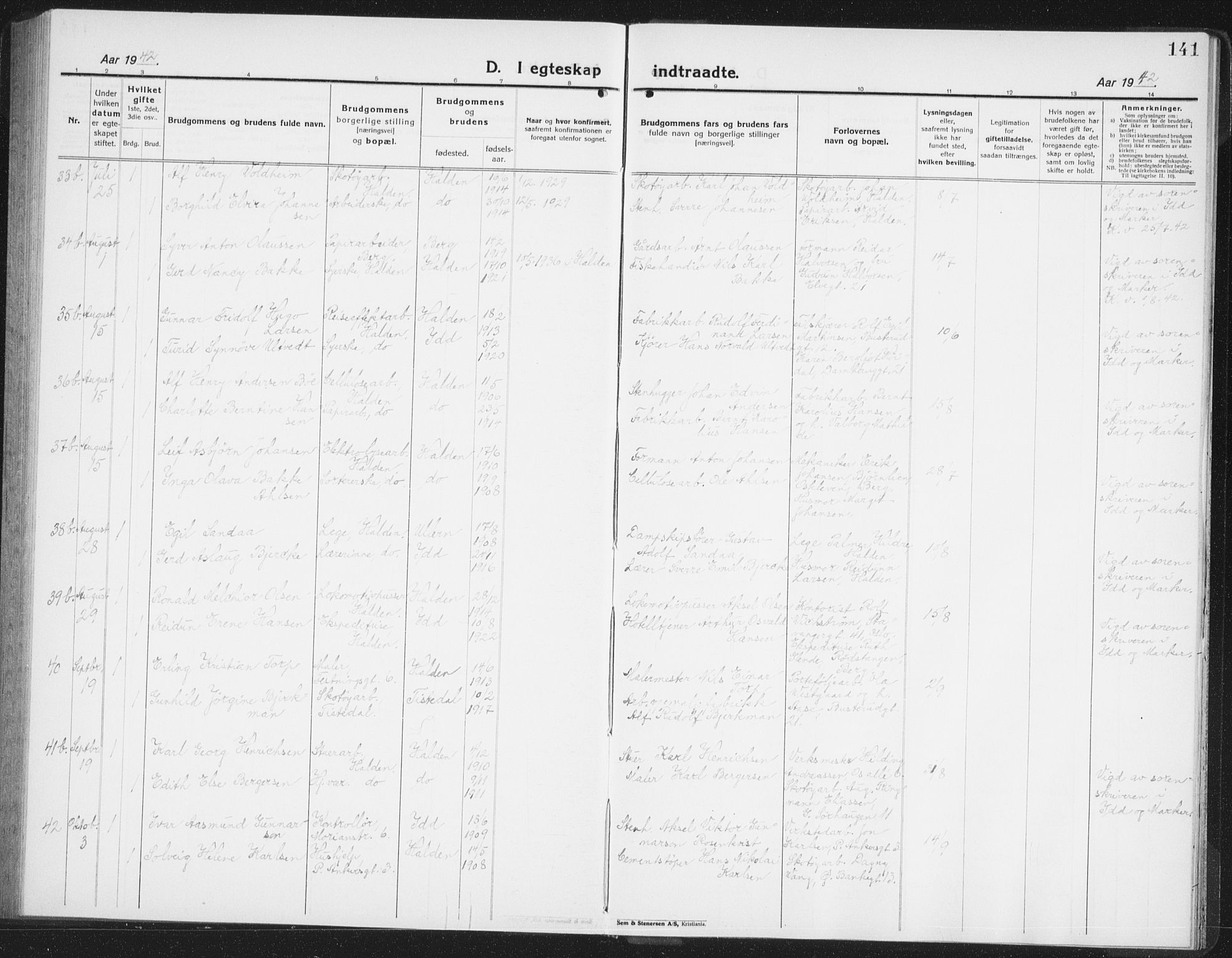 Halden prestekontor Kirkebøker, AV/SAO-A-10909/G/Ga/L0014: Klokkerbok nr. 14, 1925-1943, s. 141