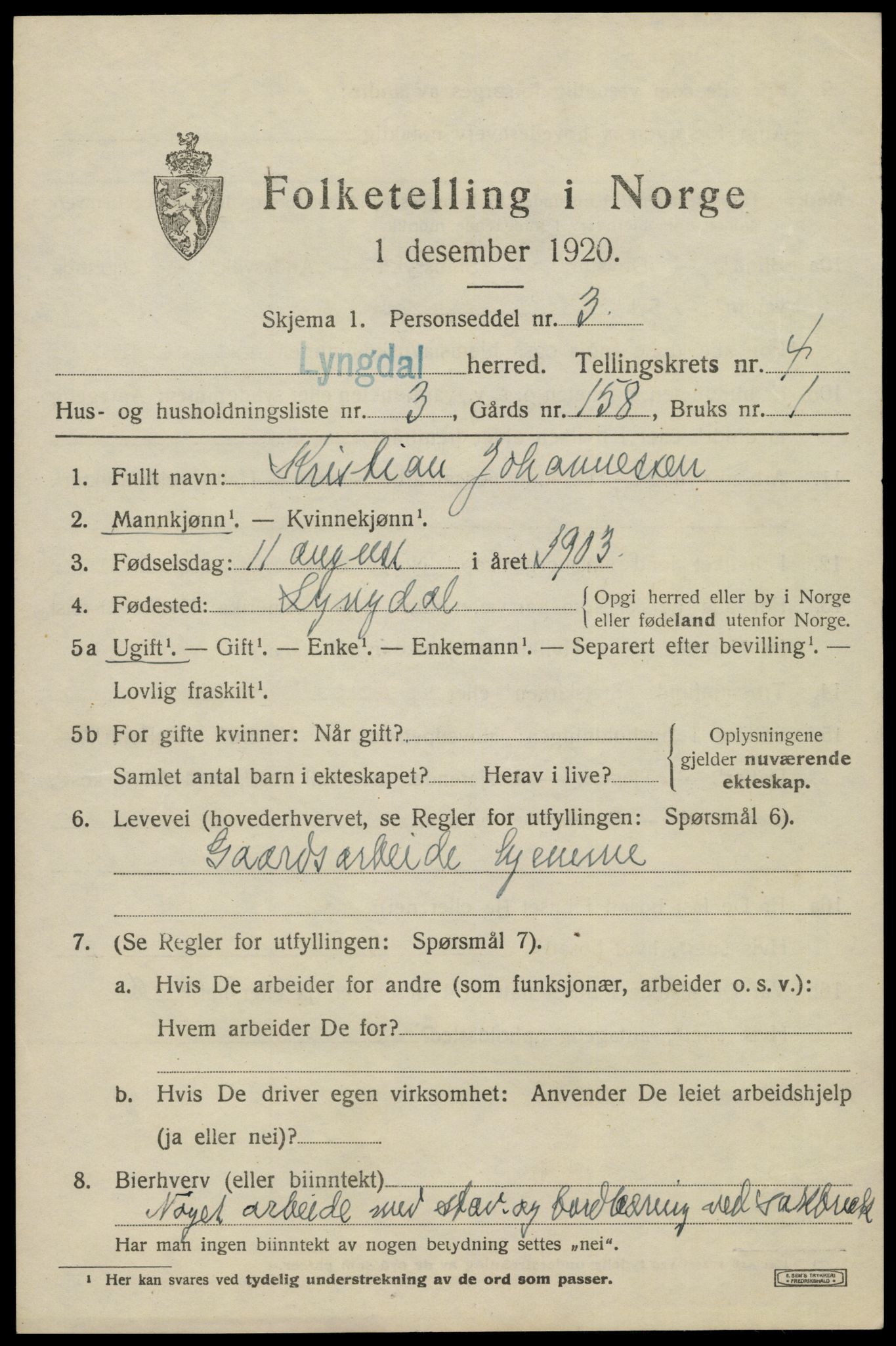SAK, Folketelling 1920 for 1032 Lyngdal herred, 1920, s. 2409